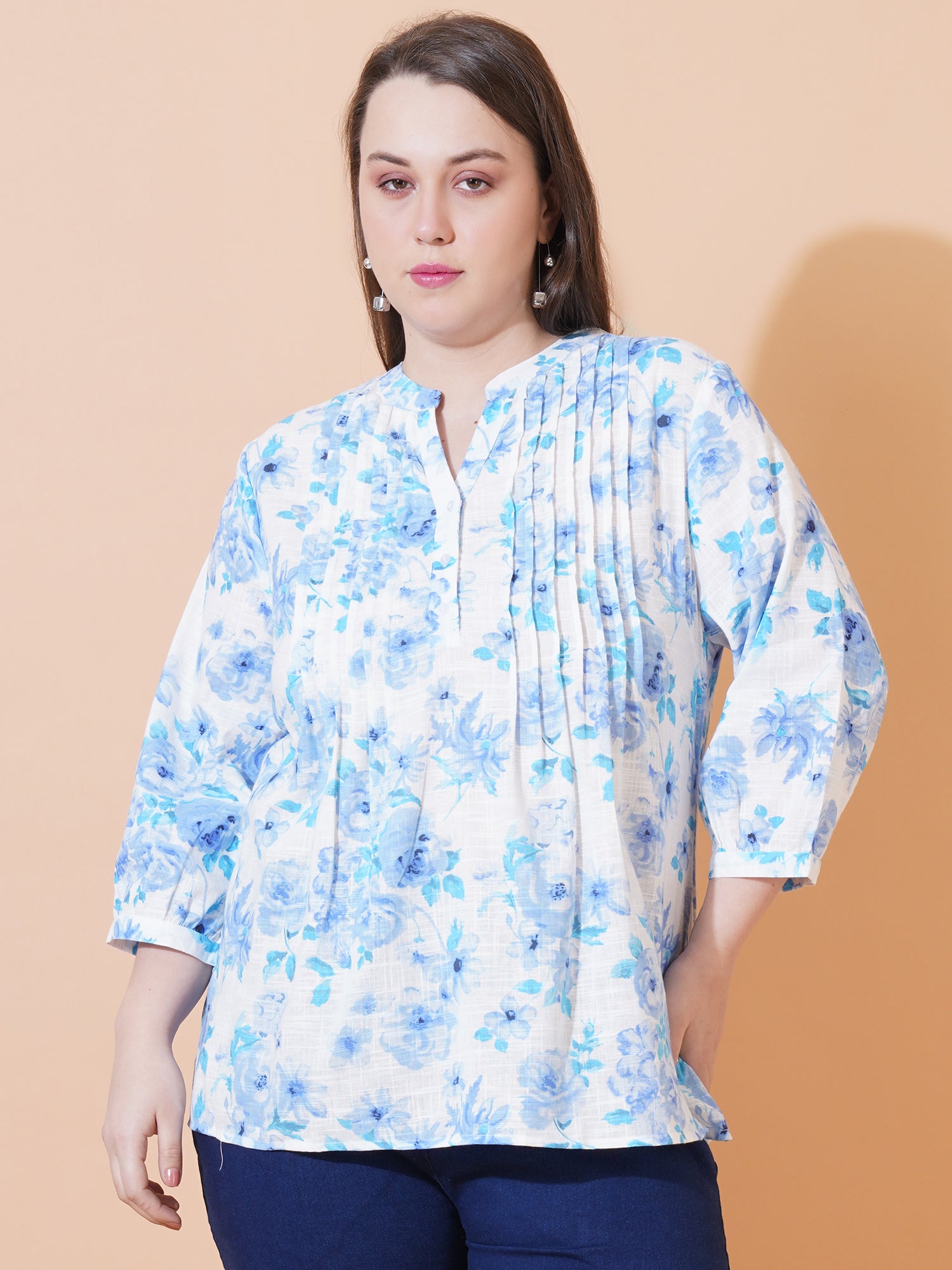 9 Impression Women White & Blue Floral Print Pintuck Plus Size Top - Front View