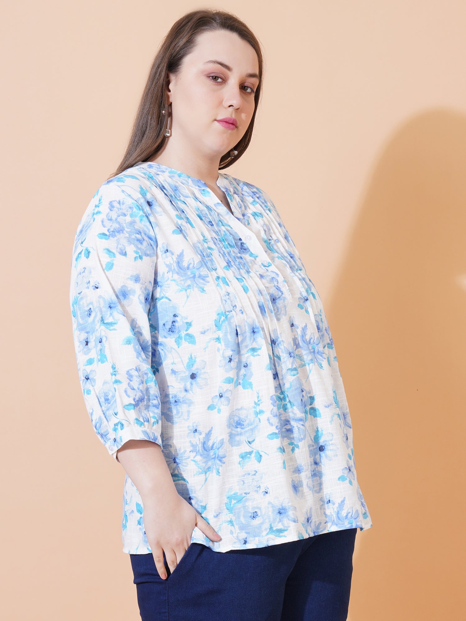 Side View of Women White & Blue Floral Print Pintuck Plus Size Top - 9 Impression