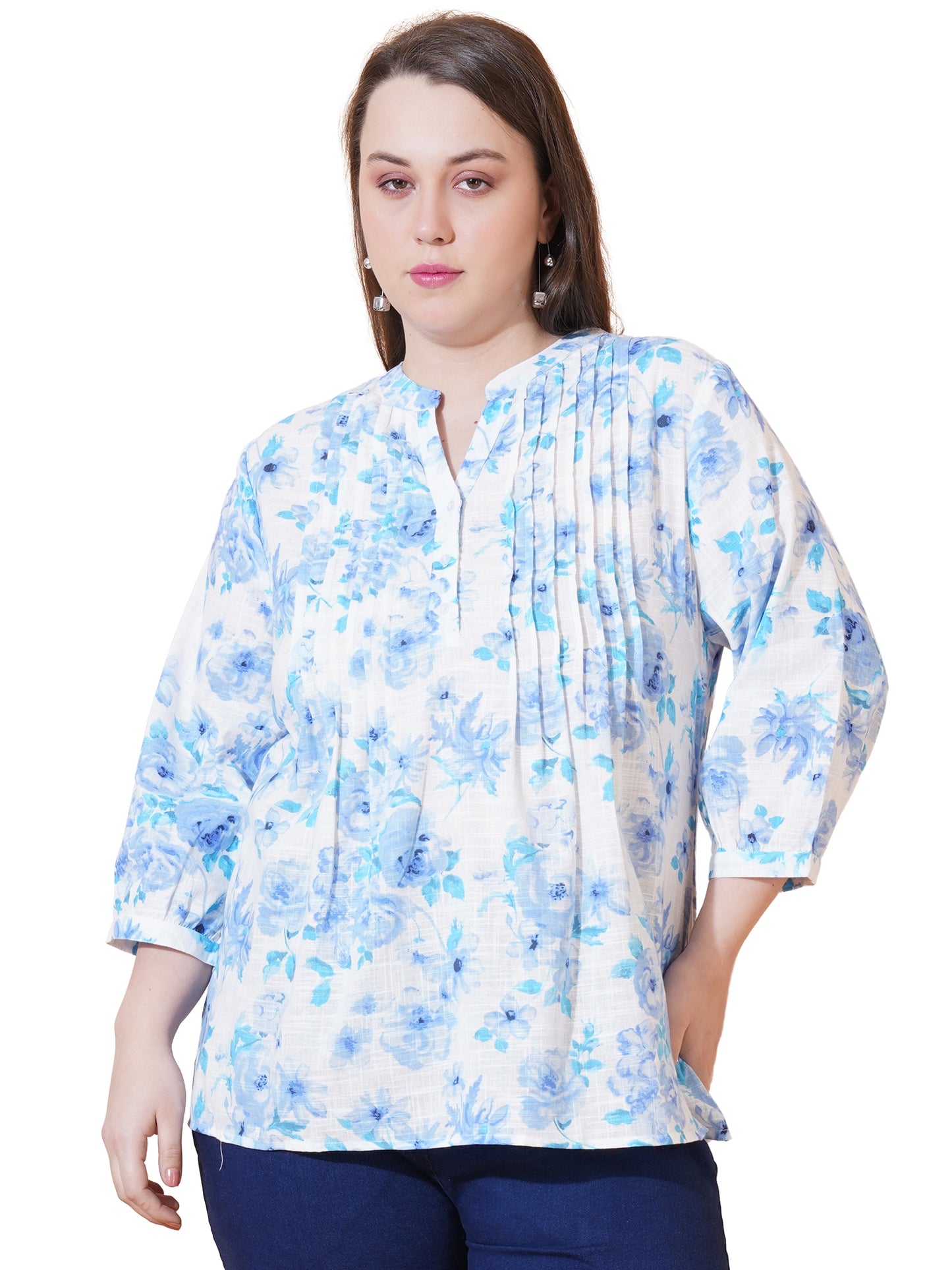 Women White & Blue Floral Print Pintuck Plus Size Top