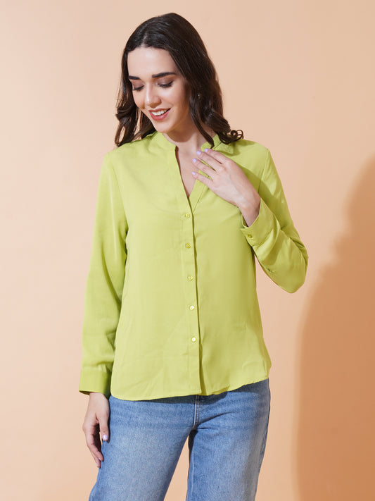 Women Neon Solid Full Sleeves Satin Casual Tops