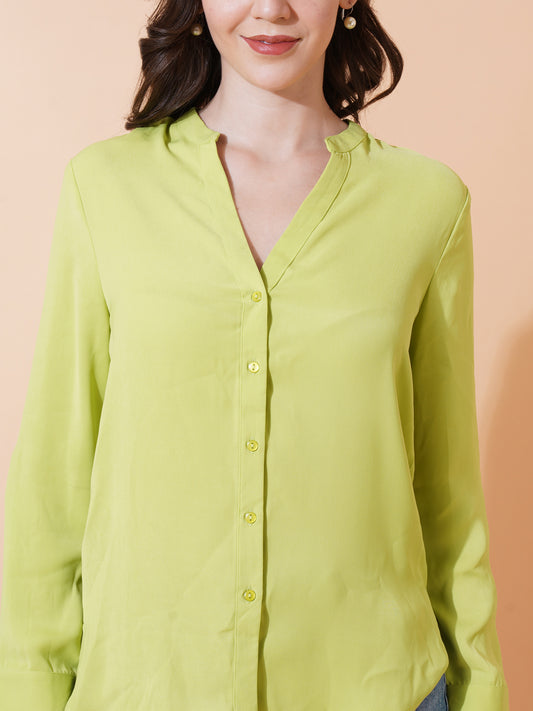 Women Neon Solid Full Sleeves Satin Casual Tops