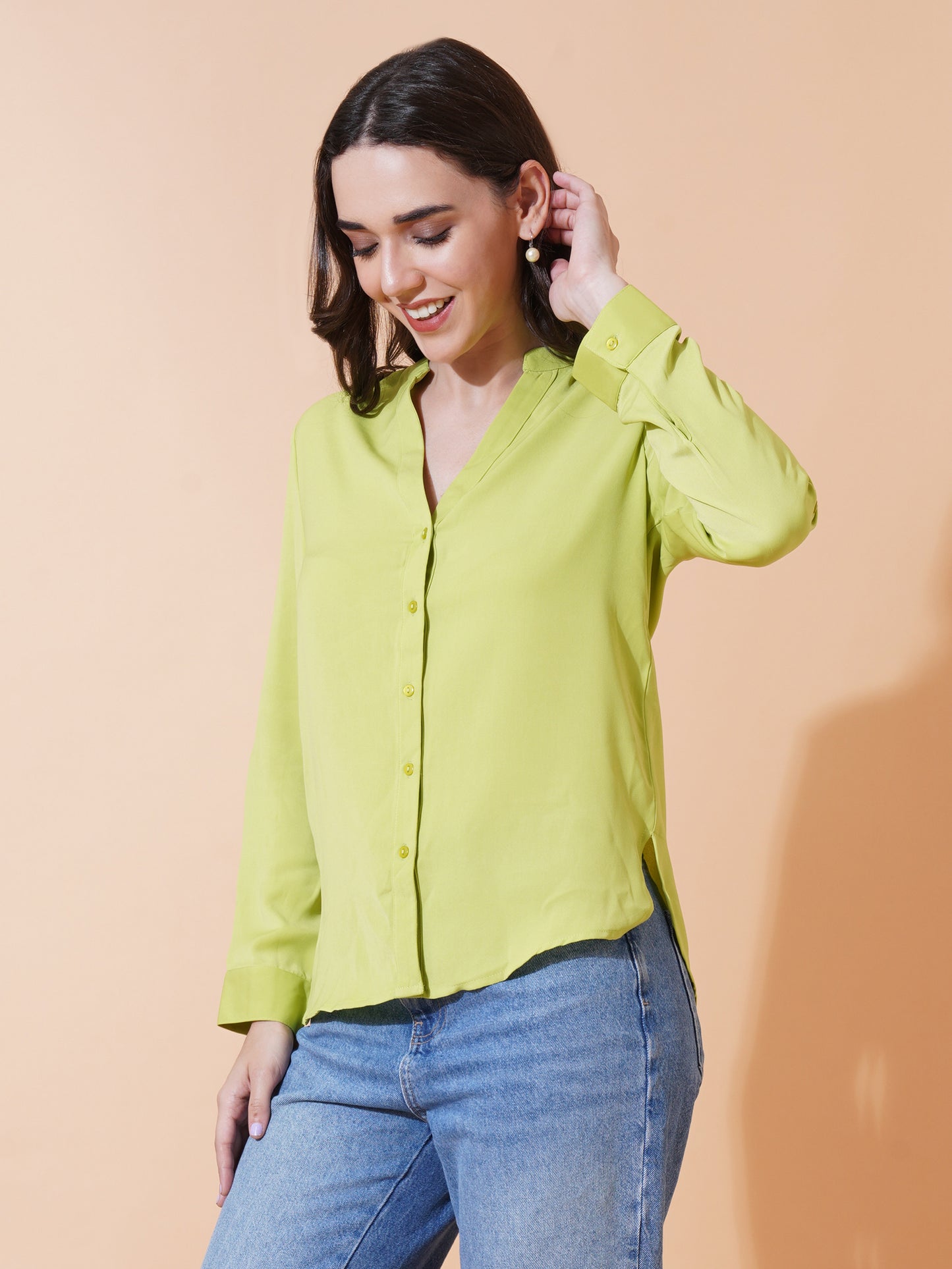 Women Neon Solid Full Sleeves Satin Casual Tops
