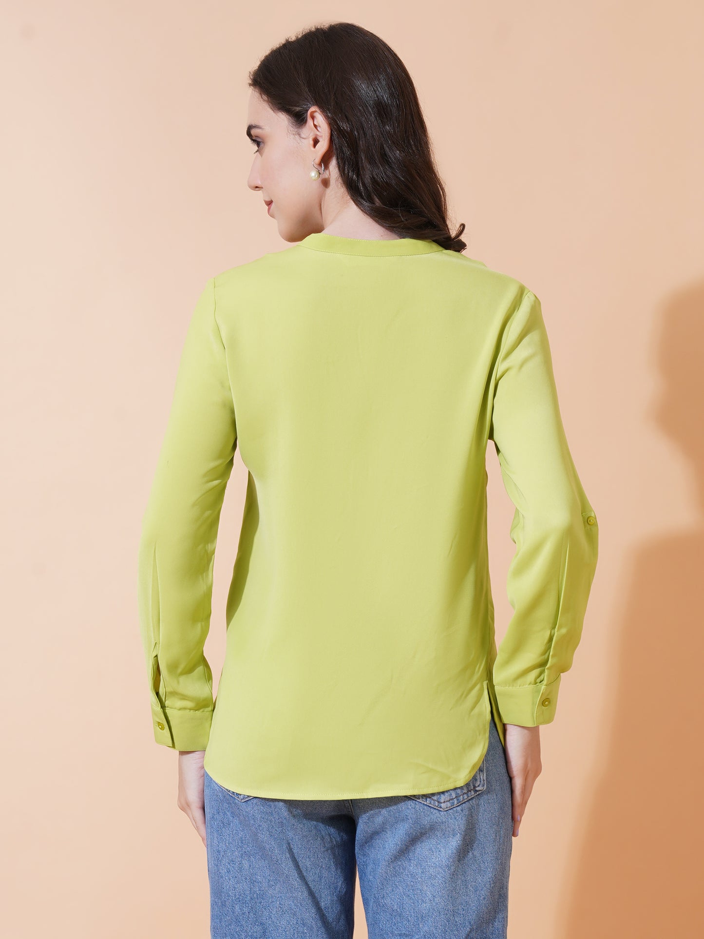 Women Neon Solid Full Sleeves Satin Casual Tops