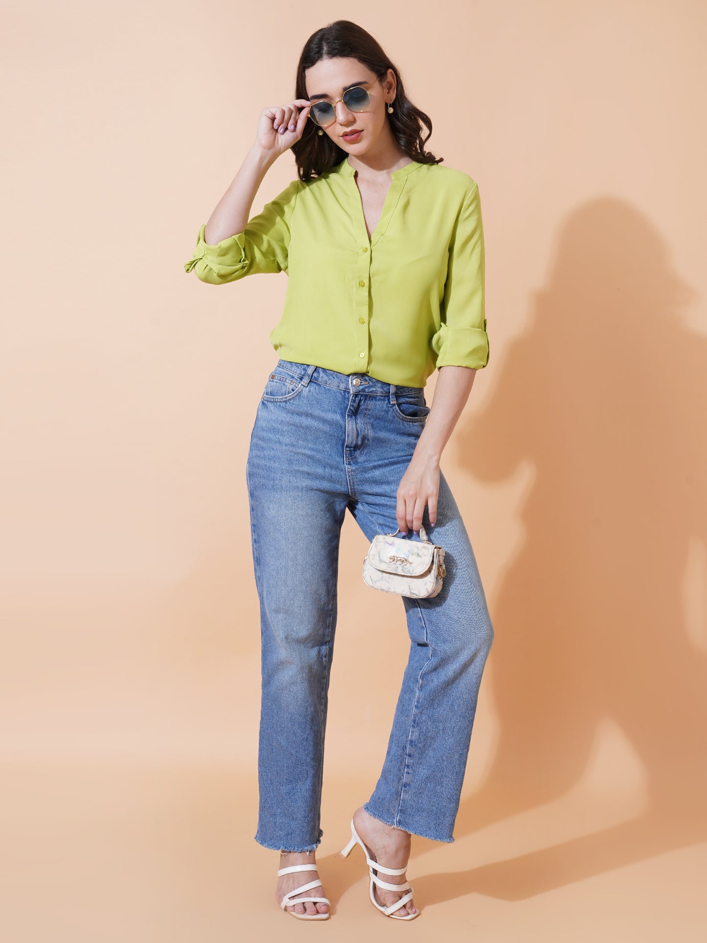Women Neon Solid Full Sleeves Satin Casual Tops