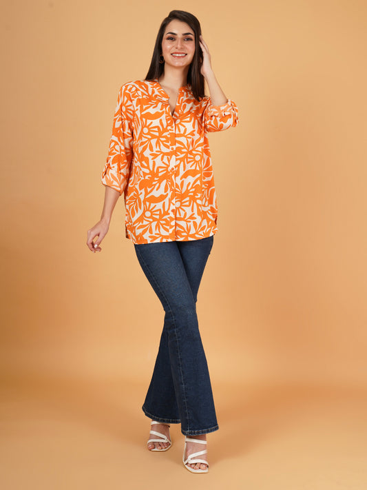 Women Orange & White Mandarin Collar Cotton Oversized Shirt Style Top