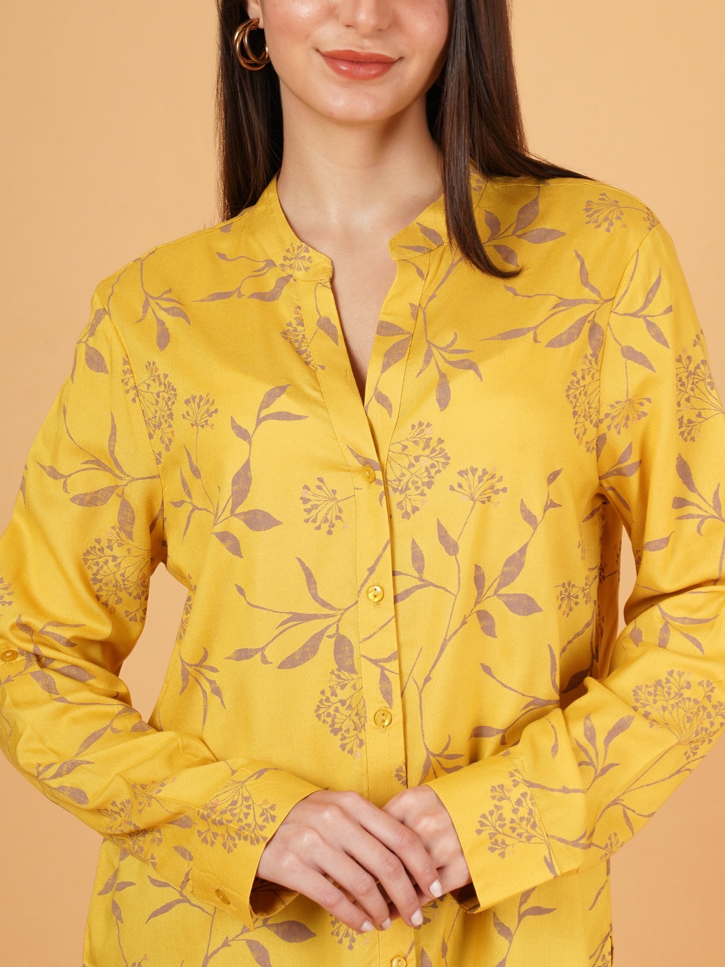 Women Yellow & Pink Mandarin Collar Full Sleeves Oversized Shirt Style Top