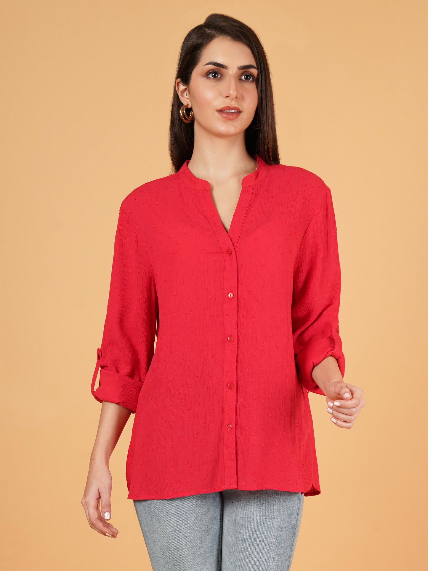 Red Mandarin Collar Foldup Full Sleeves Oversized Casual Shirt Style Womens Top