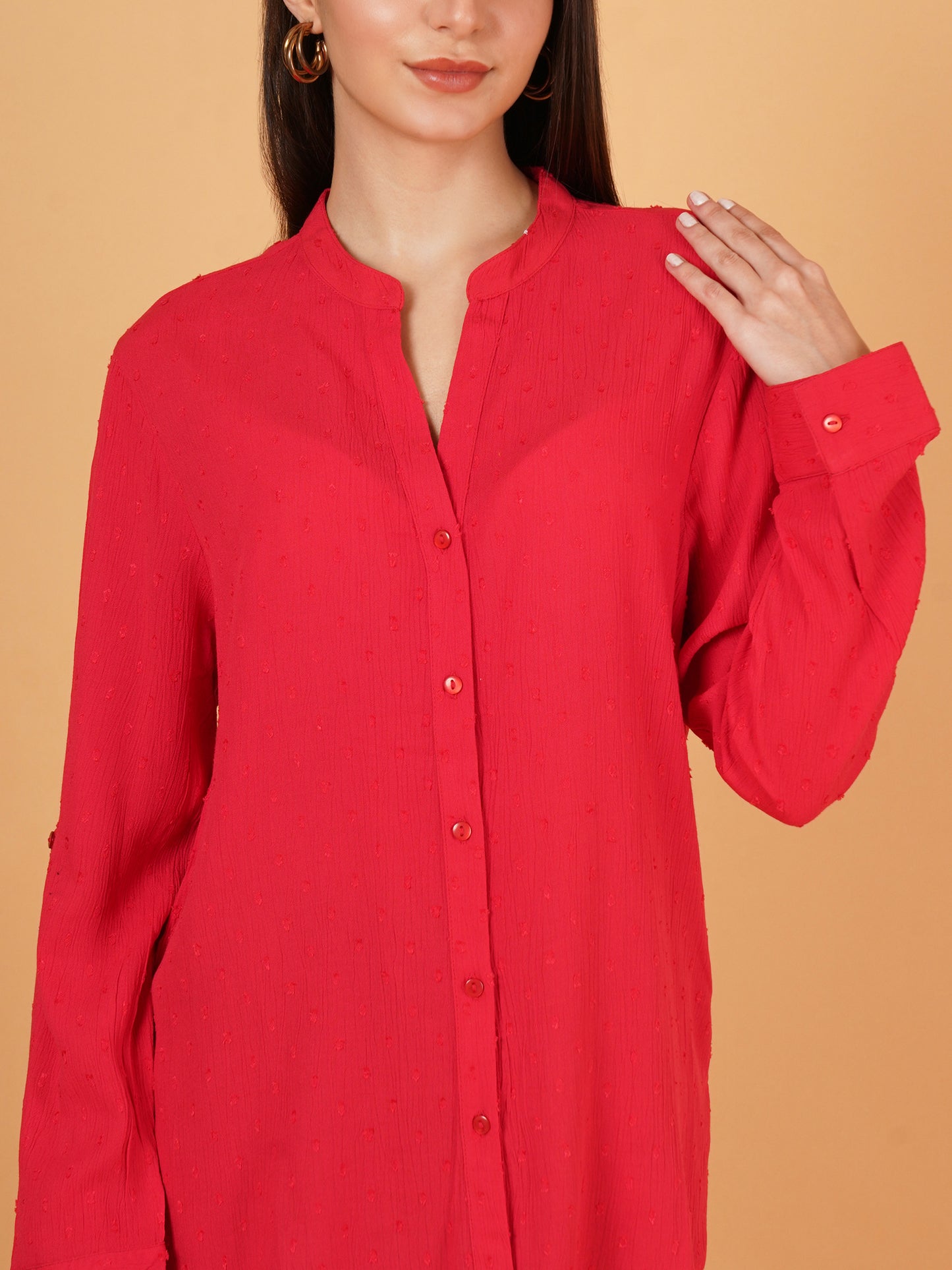 Red Mandarin Collar Foldup Full Sleeves Oversized Casual Shirt Style Womens Top