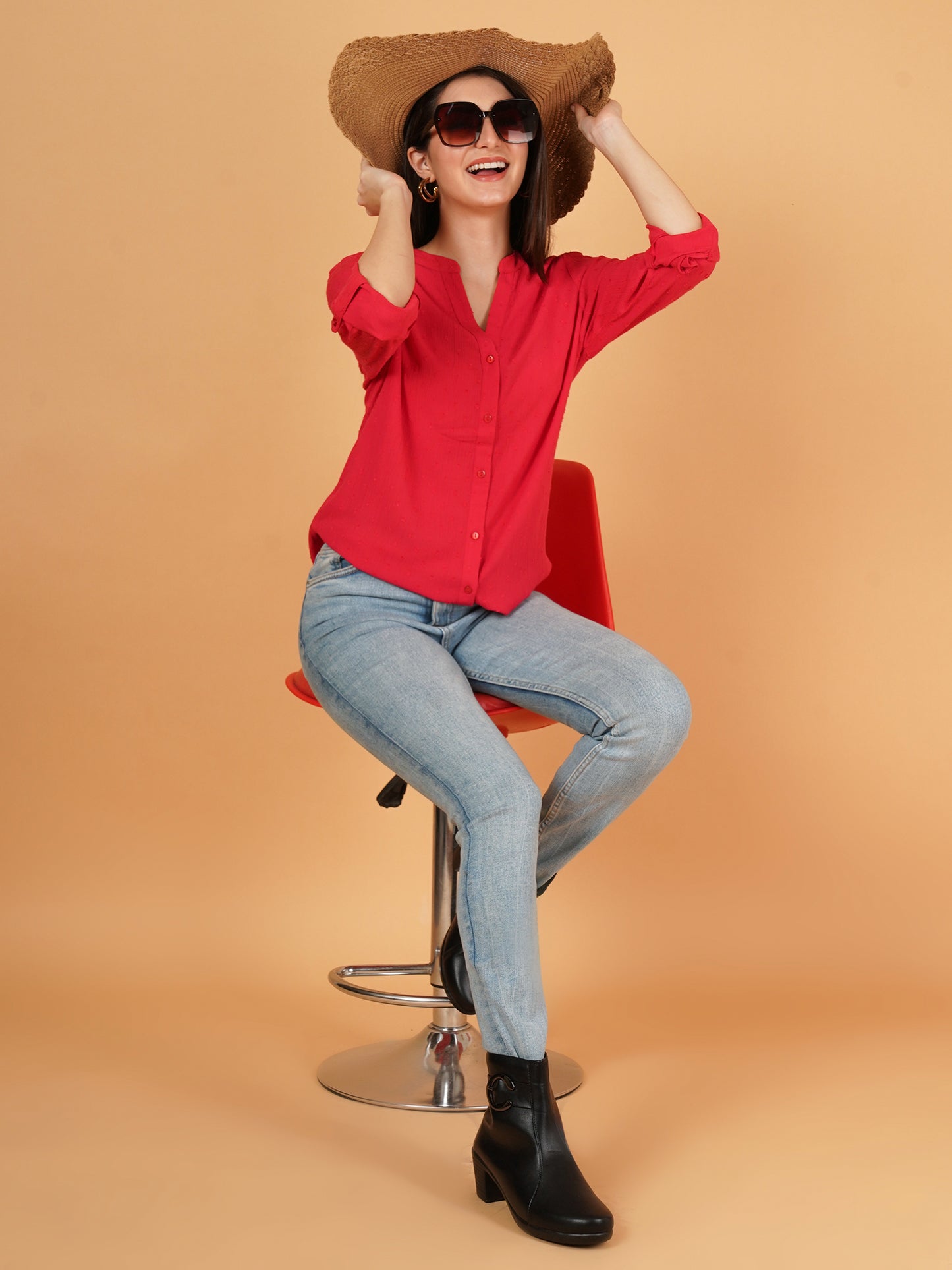 Red Mandarin Collar Foldup Full Sleeves Oversized Casual Shirt Style Womens Top