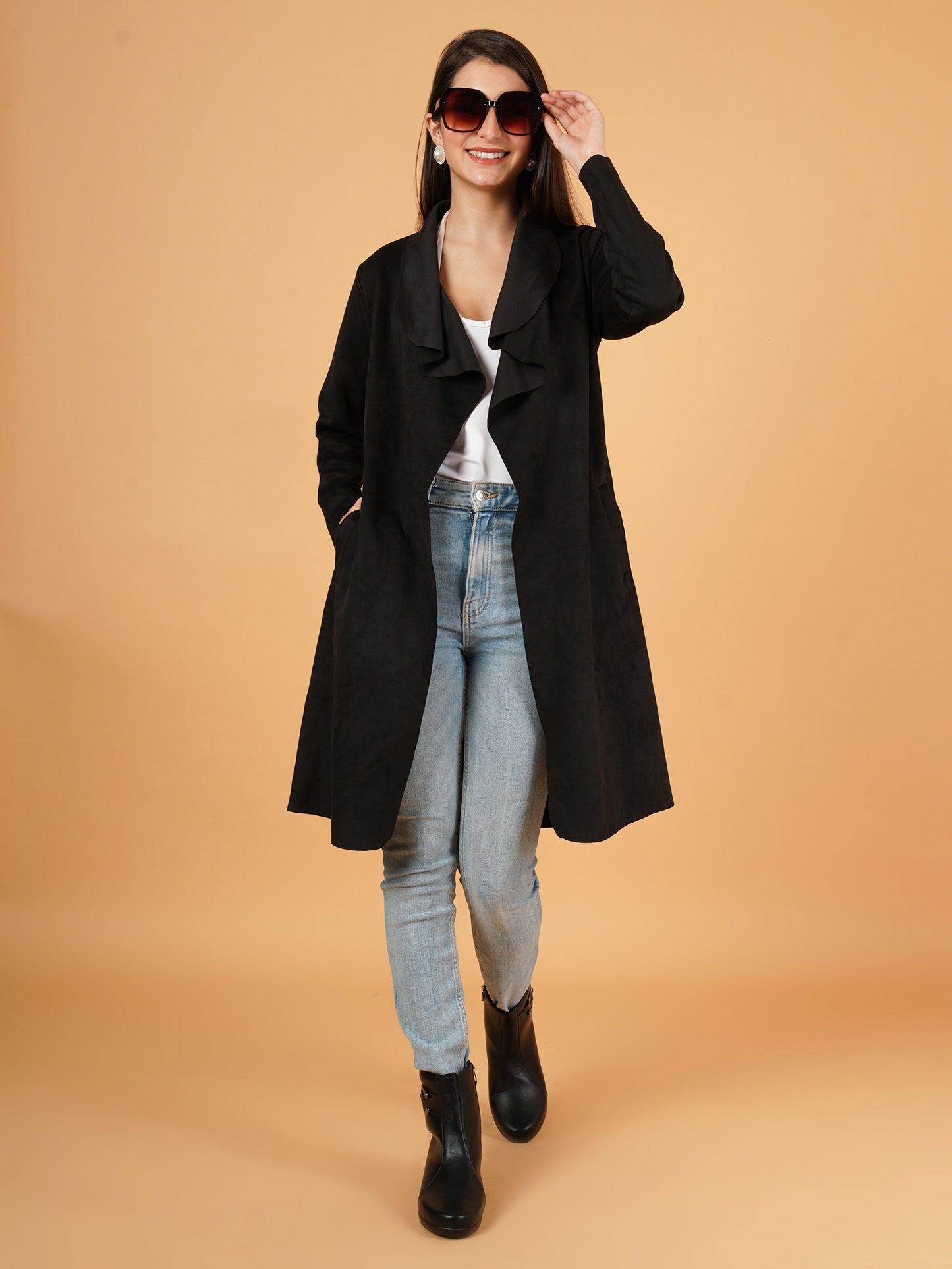 Women Black Suede Full Sleeves Coat