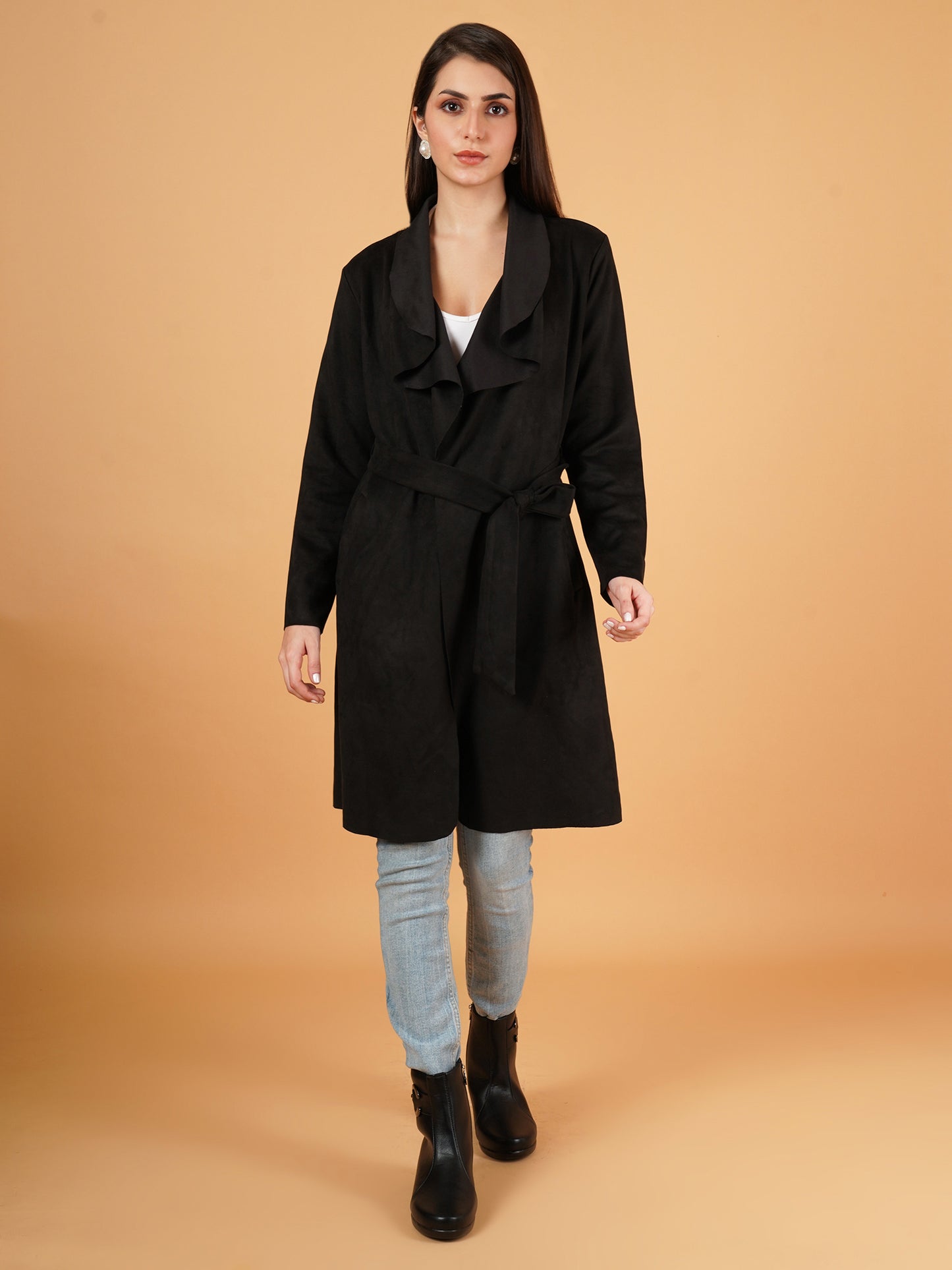 Women Black Suede Full Sleeves Coat