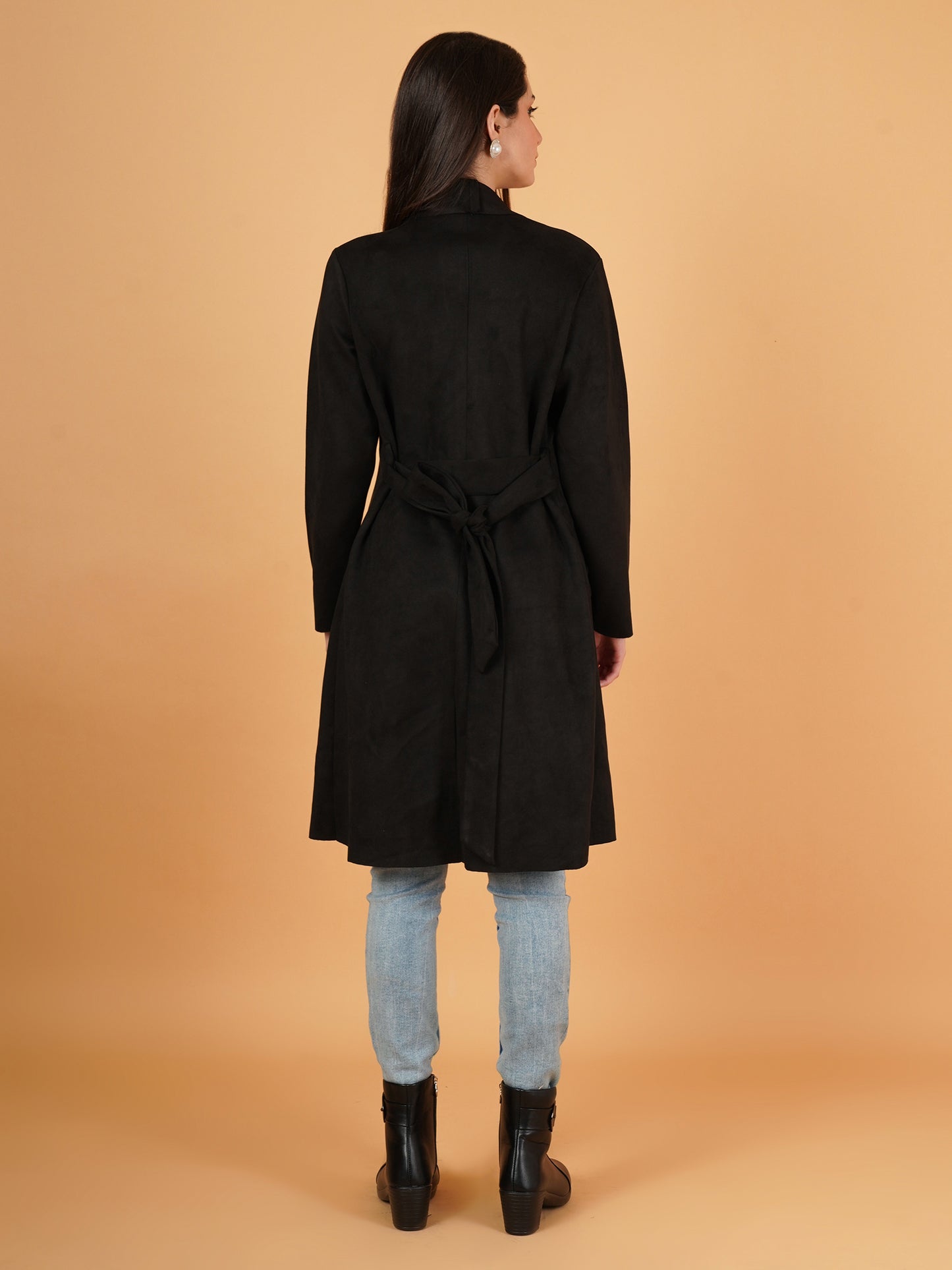 Women Black Suede Full Sleeves Coat