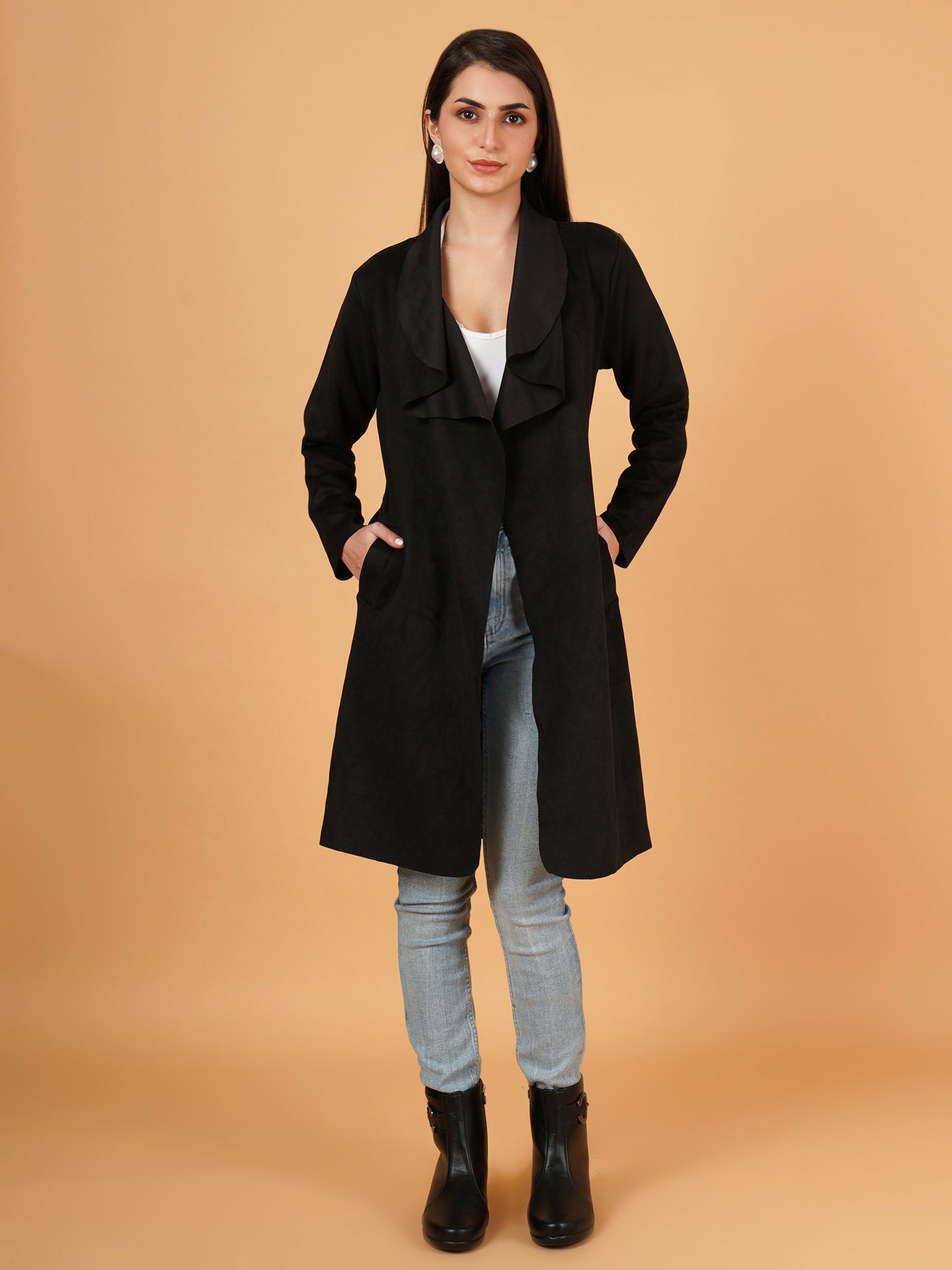 Women Black Suede Full Sleeves Coat