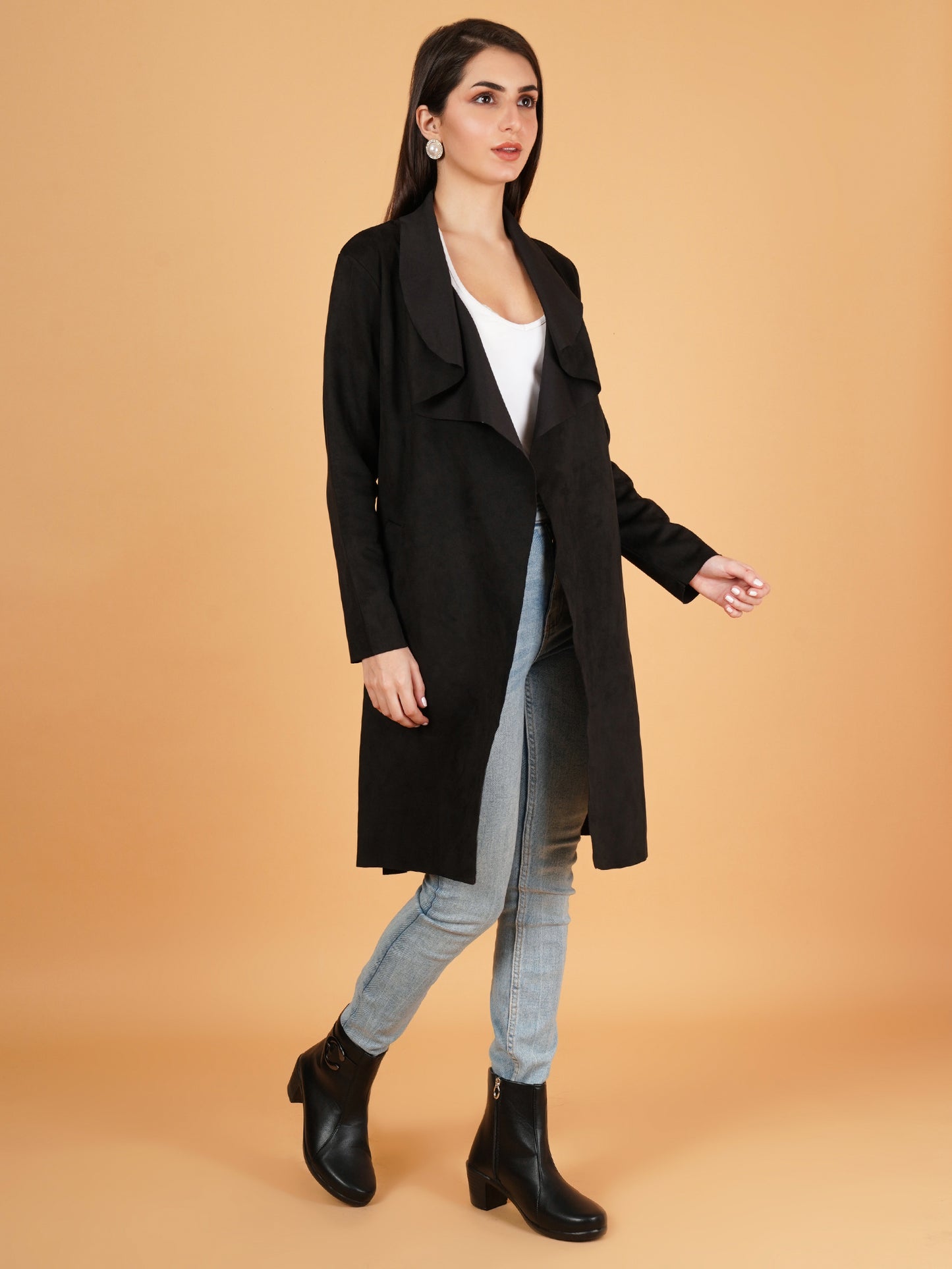Women Black Suede Full Sleeves Coat