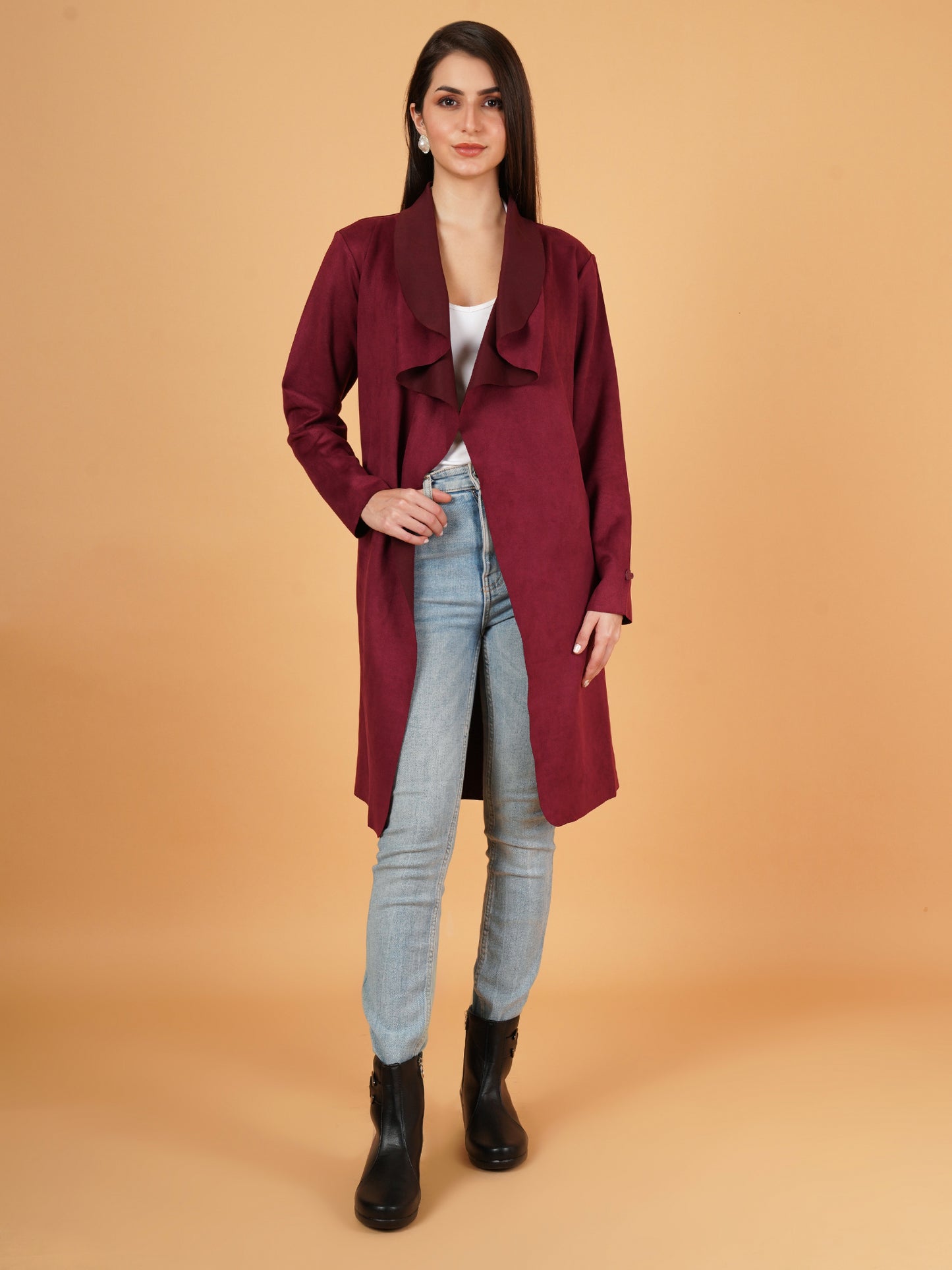 Women Maroon Suede Full Sleeves Coat