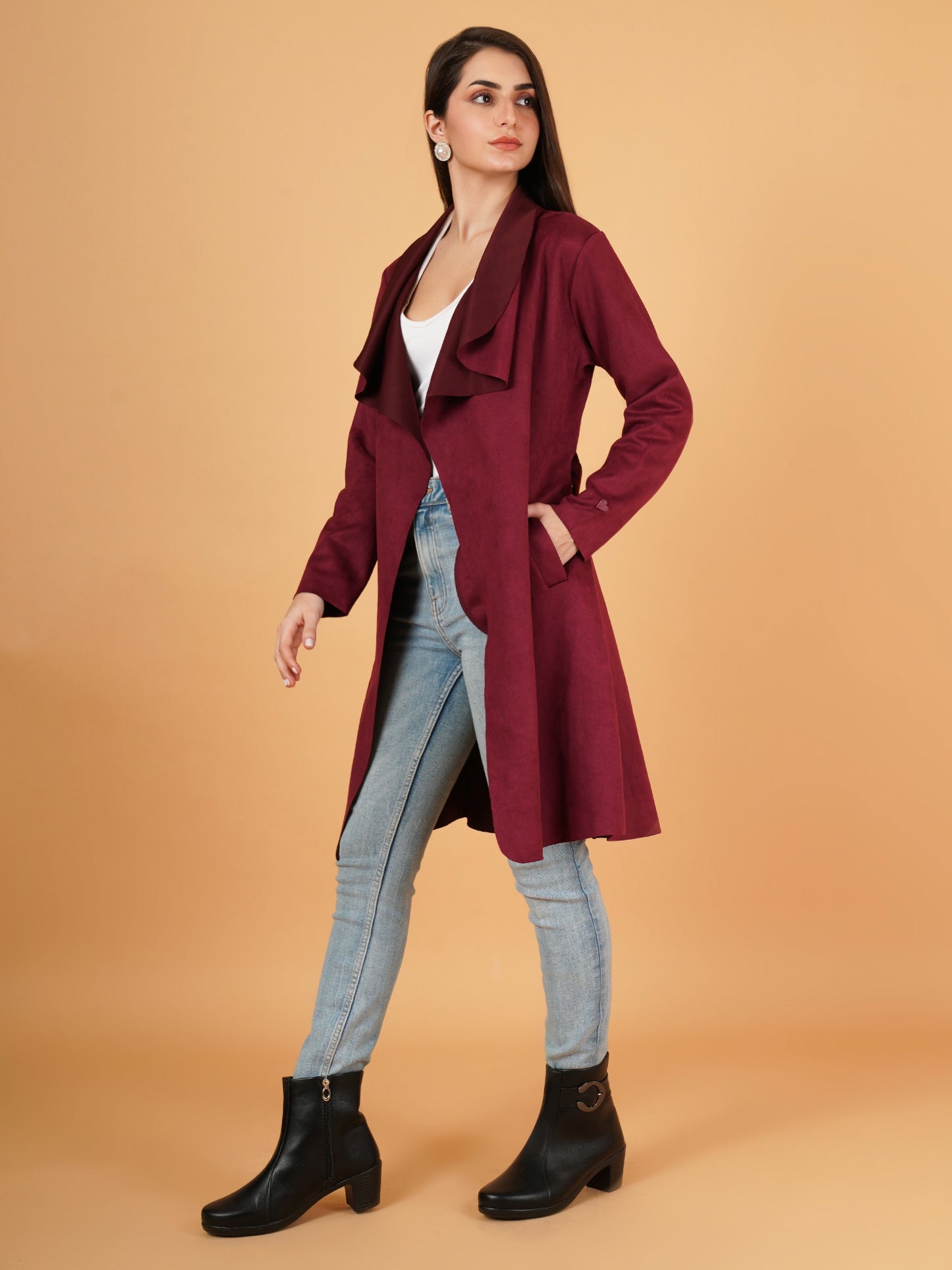 Women Maroon Suede Full Sleeves Coat