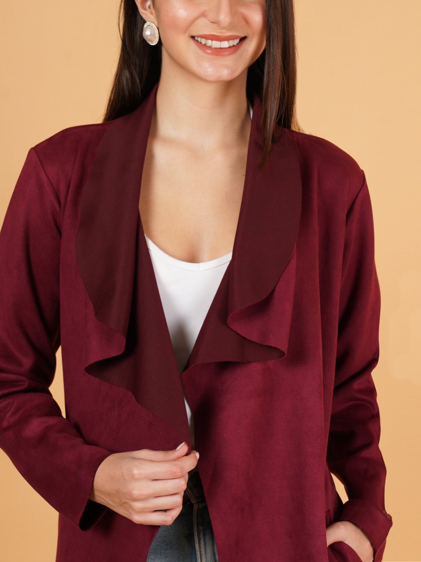 Women Maroon Suede Full Sleeves Coat