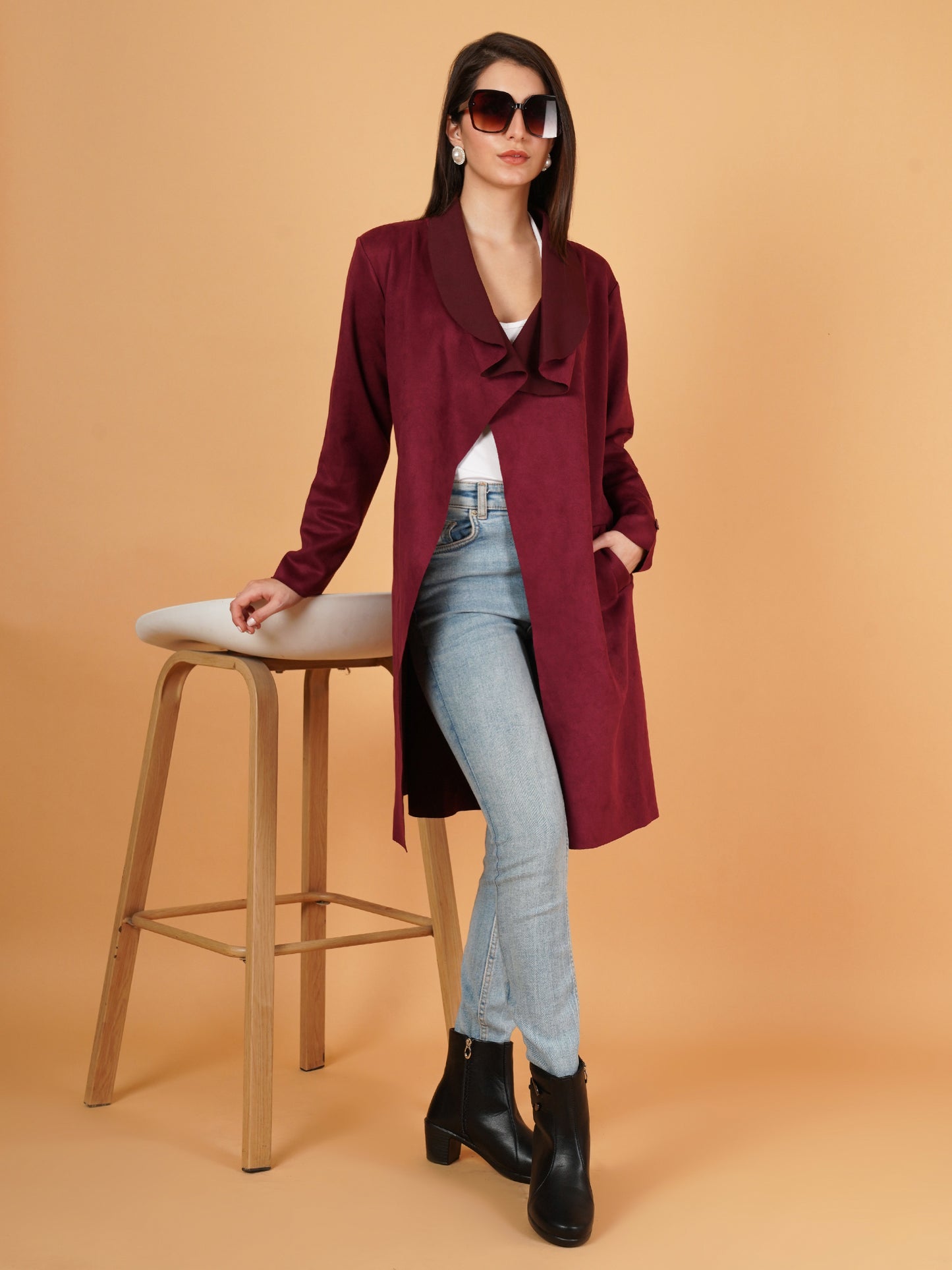 Women Maroon Suede Full Sleeves Coat