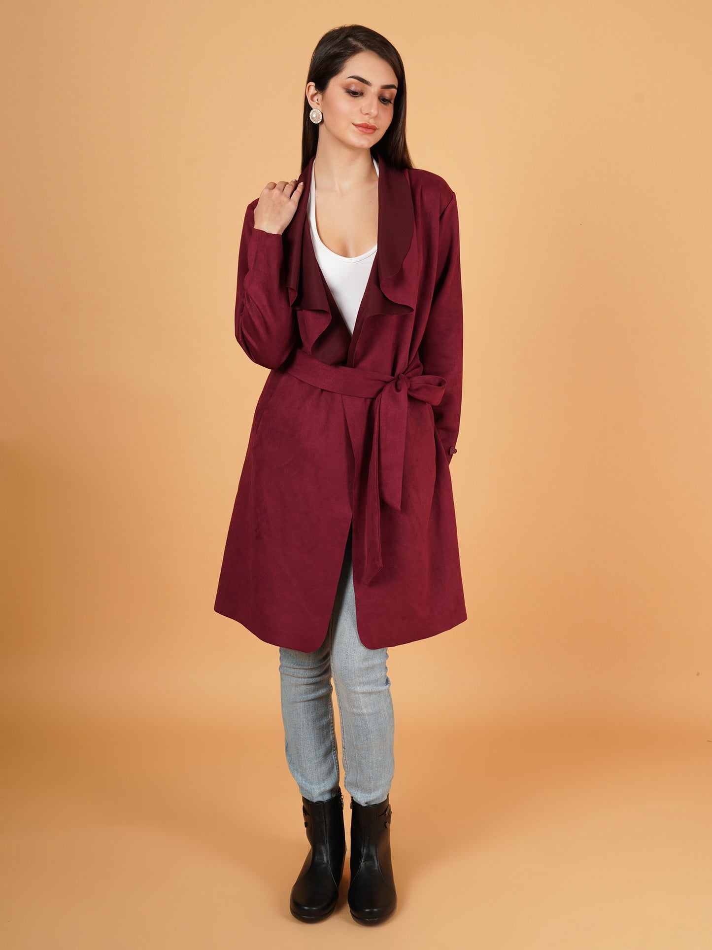 Women Maroon Suede Full Sleeves Coat
