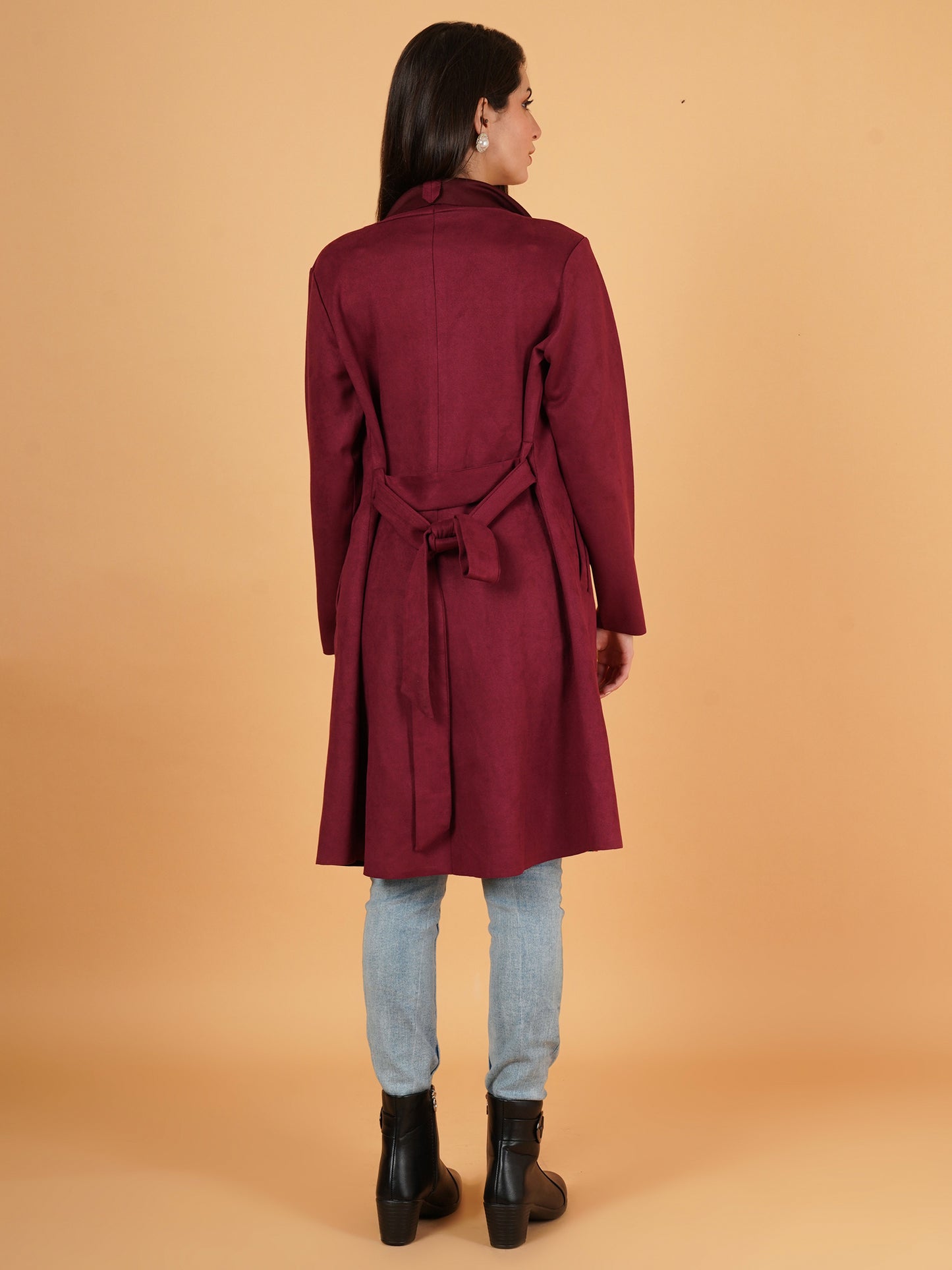 Women Maroon Suede Full Sleeves Coat