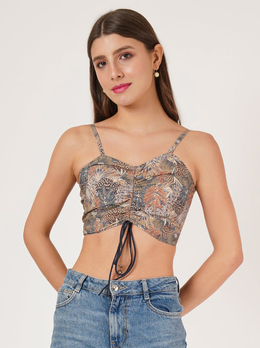 9 Impression Women Green & Navy Blue Leaf Print Smocked Crop Top - Front View