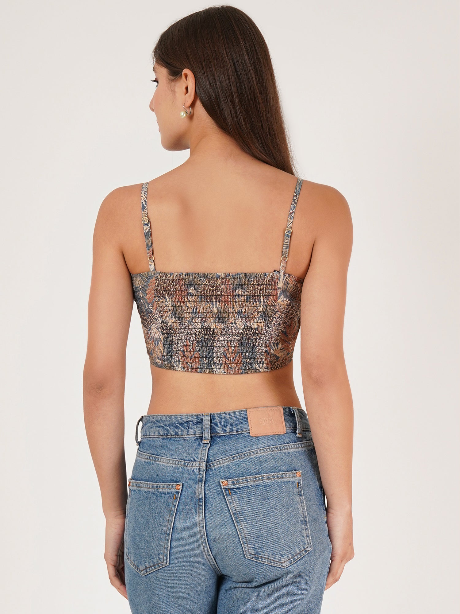 9 Impression Women Green & Navy Blue Leaf Print Smocked Crop Top - Back View