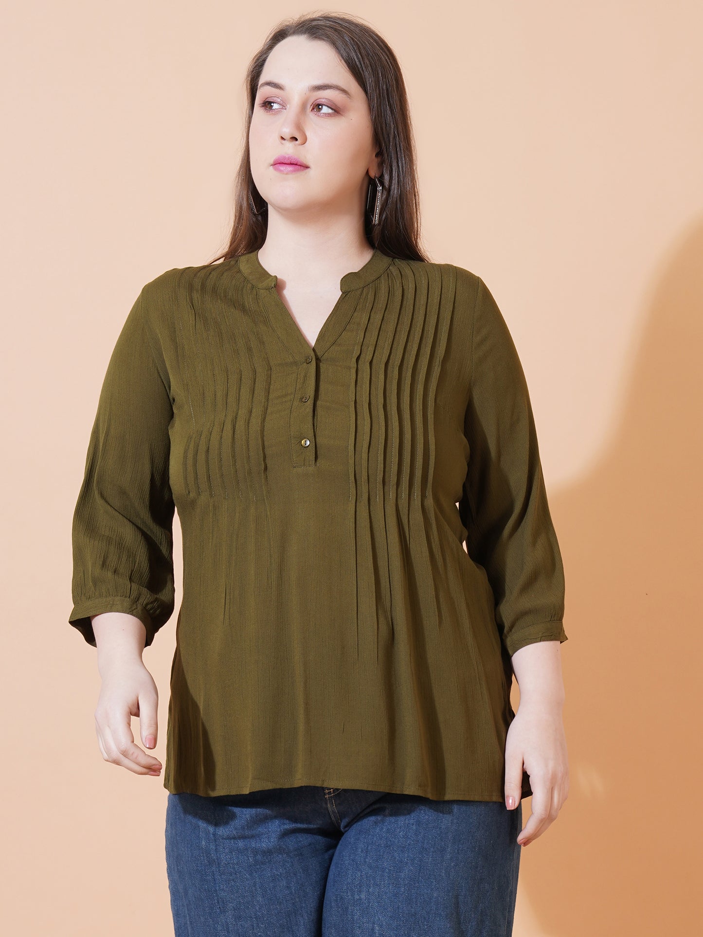 Women Brown Solid Pintuck Plus Size Top