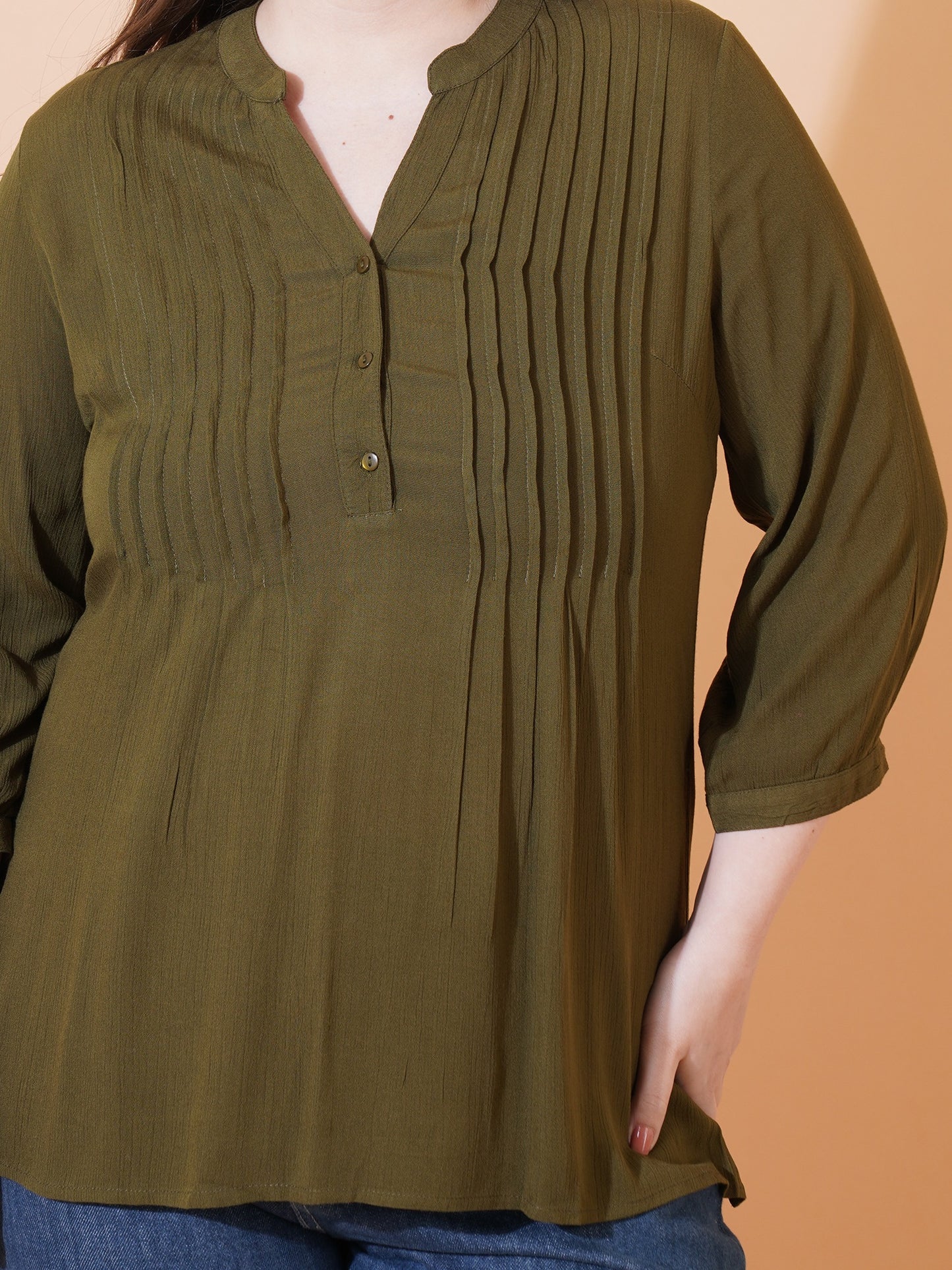 Women Brown Solid Pintuck Plus Size Top