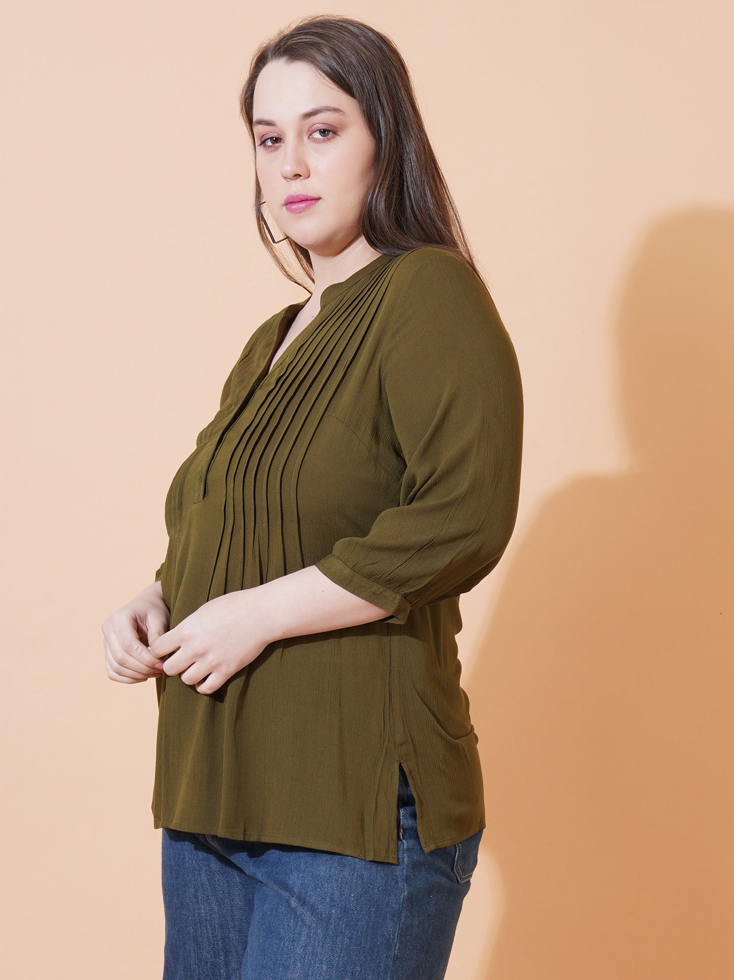 Women Brown Solid Pintuck Plus Size Top