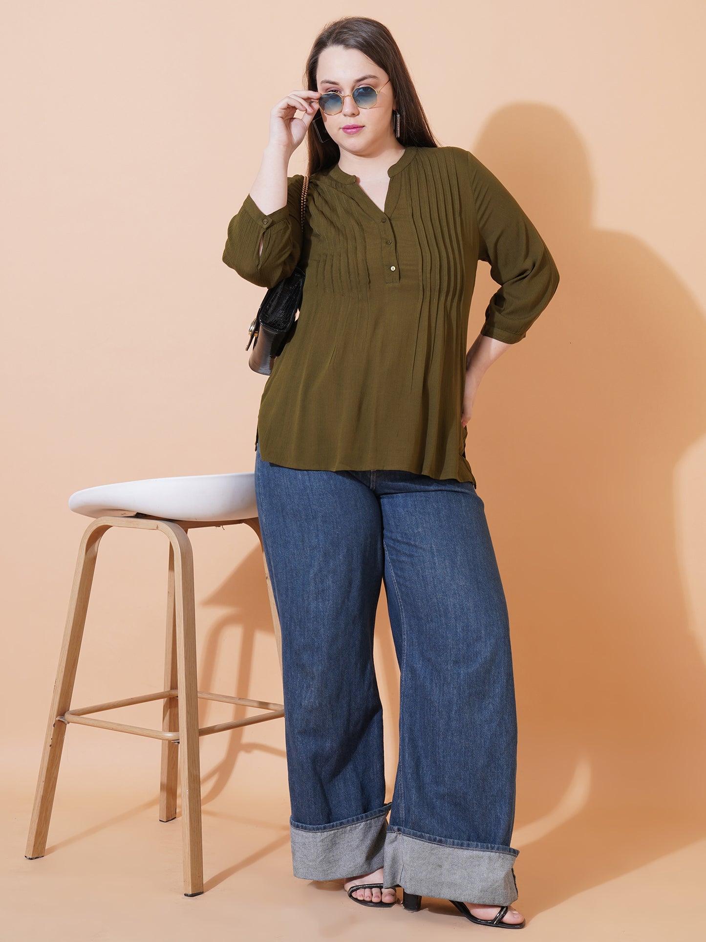 Women Brown Solid Pintuck Plus Size Top