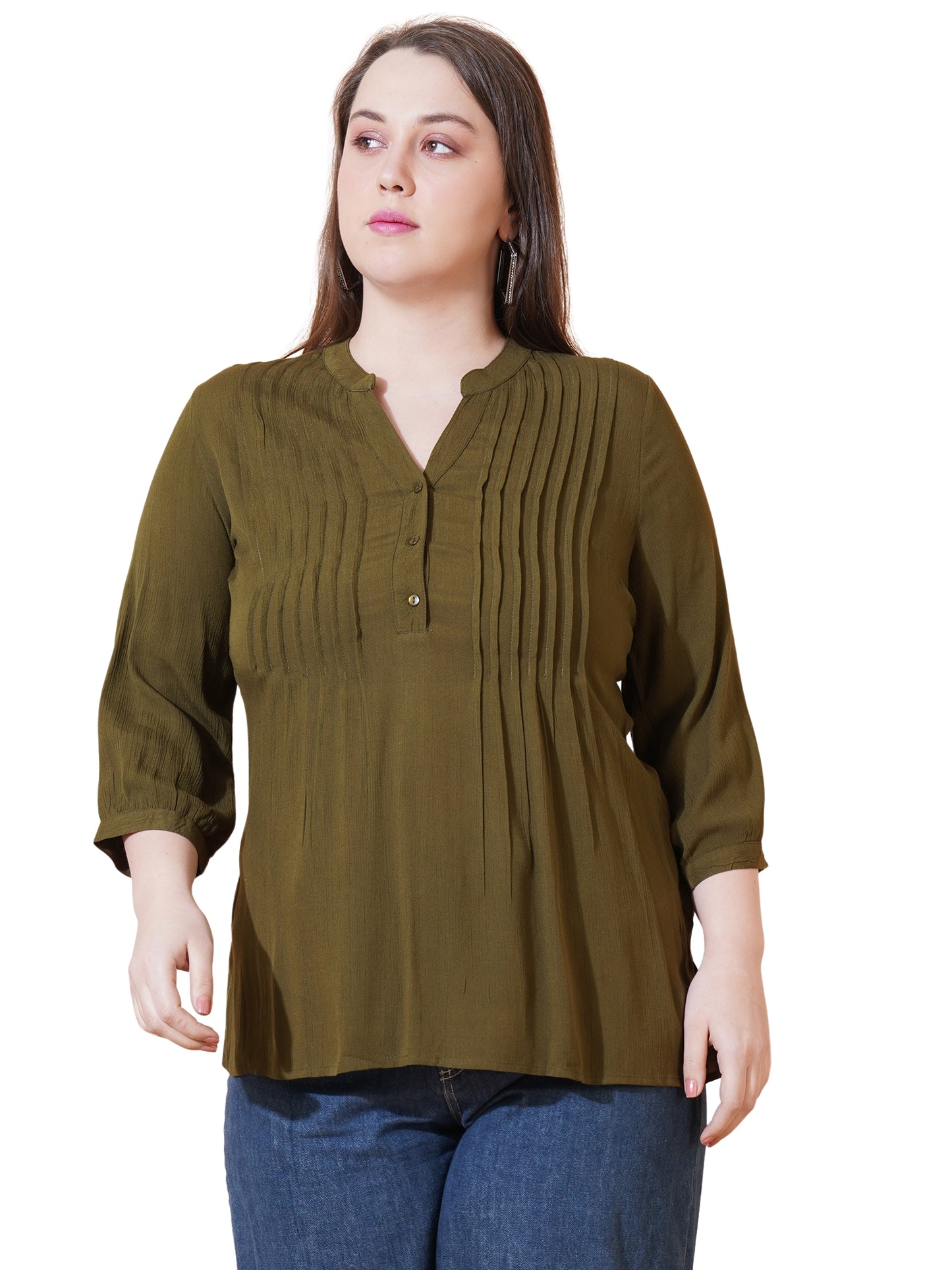 Women Brown Solid Pintuck Plus Size Top