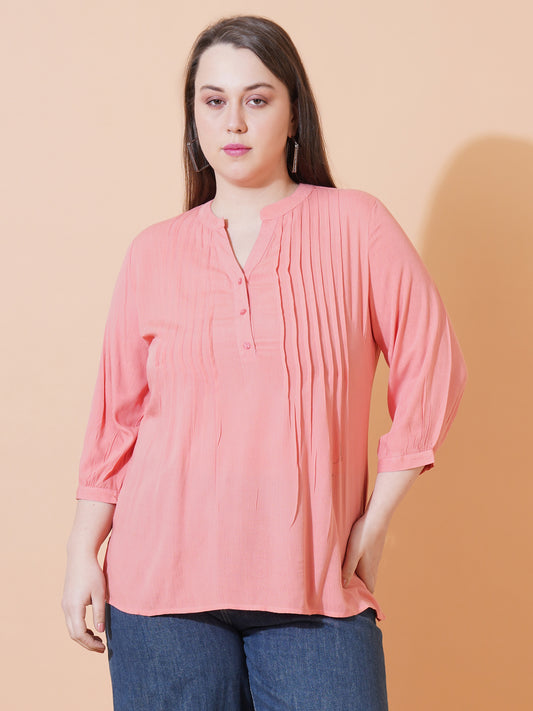 Women Pink Solid Pintuck Plus Size Top