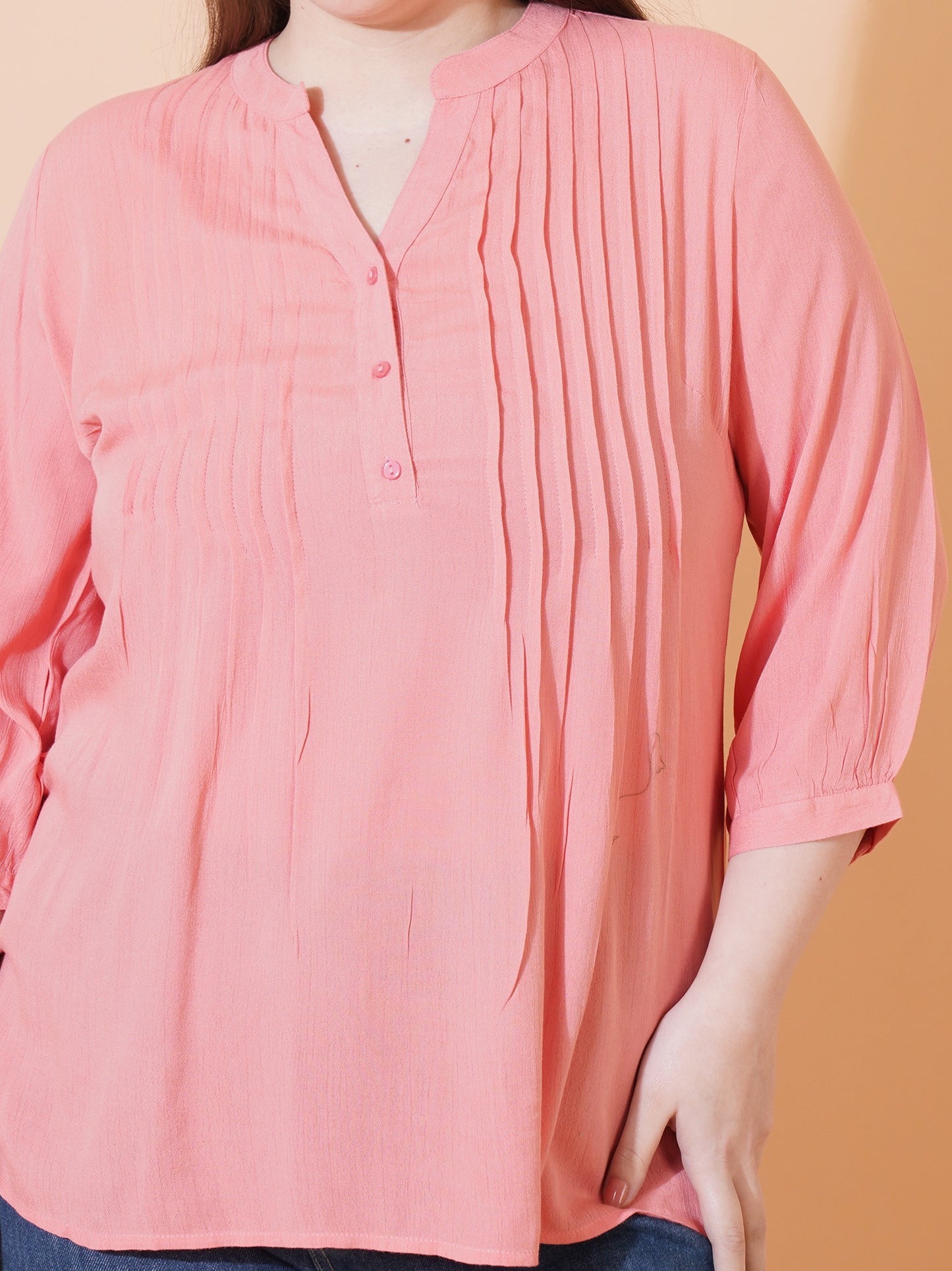 Women Pink Solid Pintuck Plus Size Top