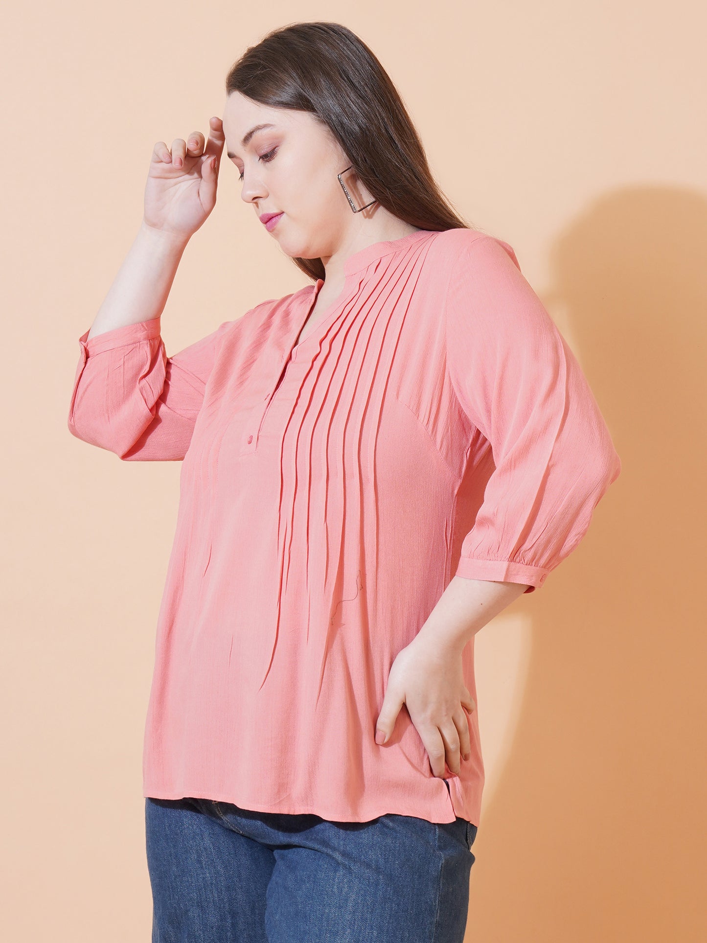 Women Pink Solid Pintuck Plus Size Top
