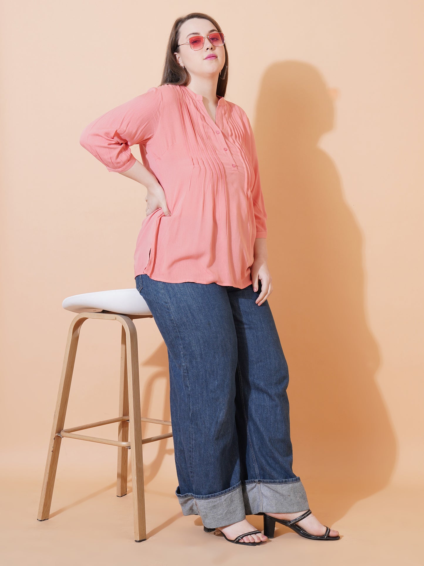 Women Pink Solid Pintuck Plus Size Top