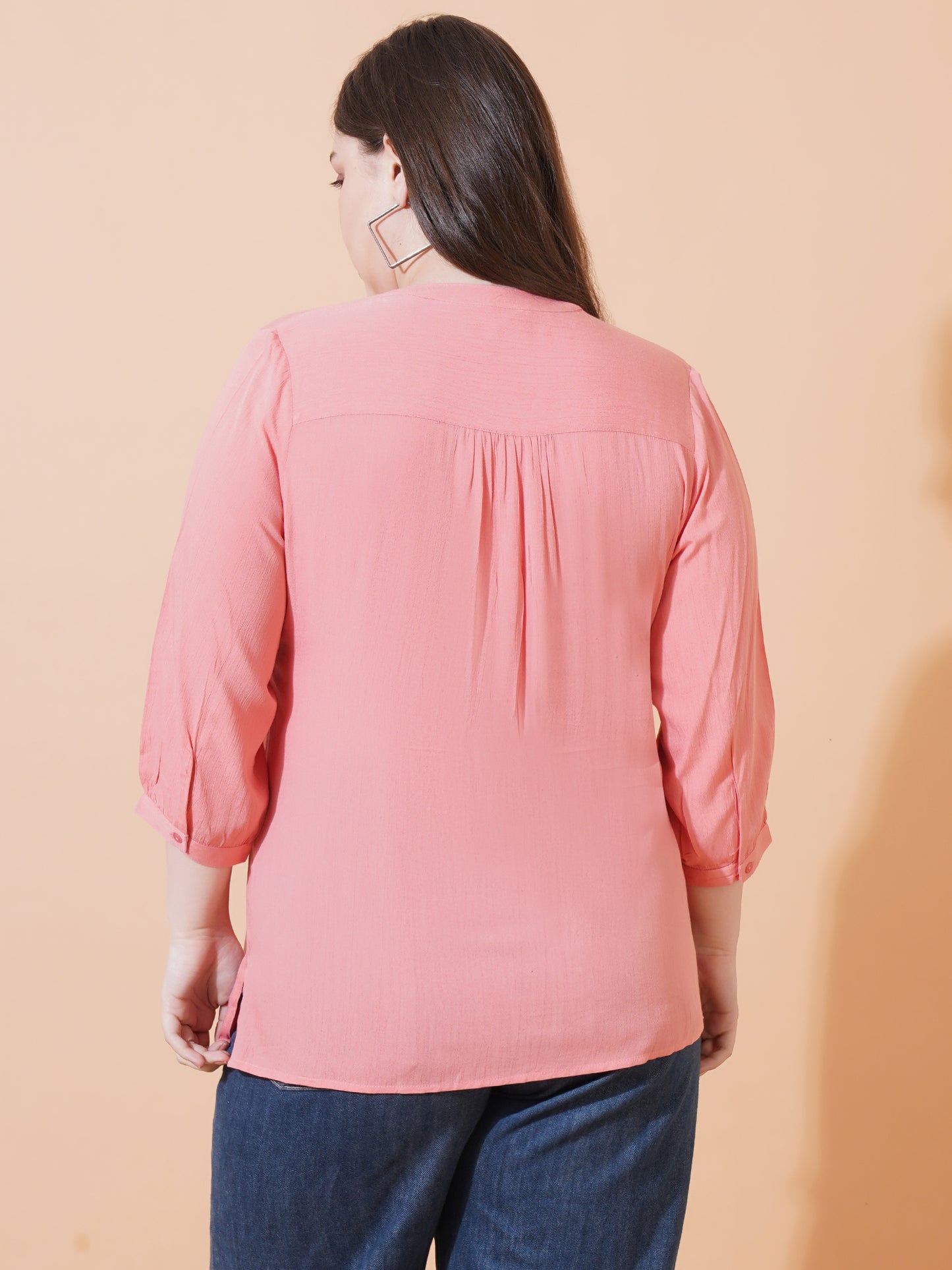 Women Pink Solid Pintuck Plus Size Top