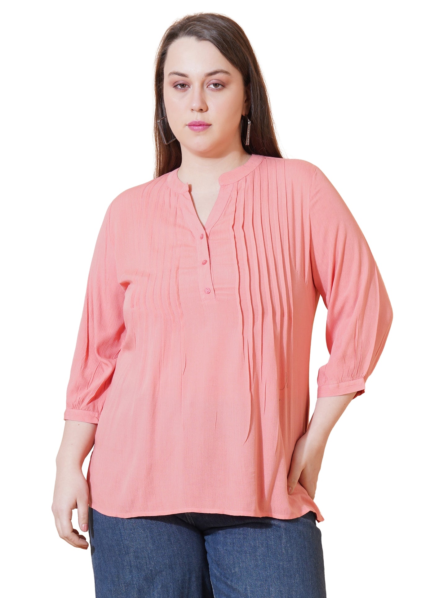 Women Pink Solid Pintuck Plus Size Top