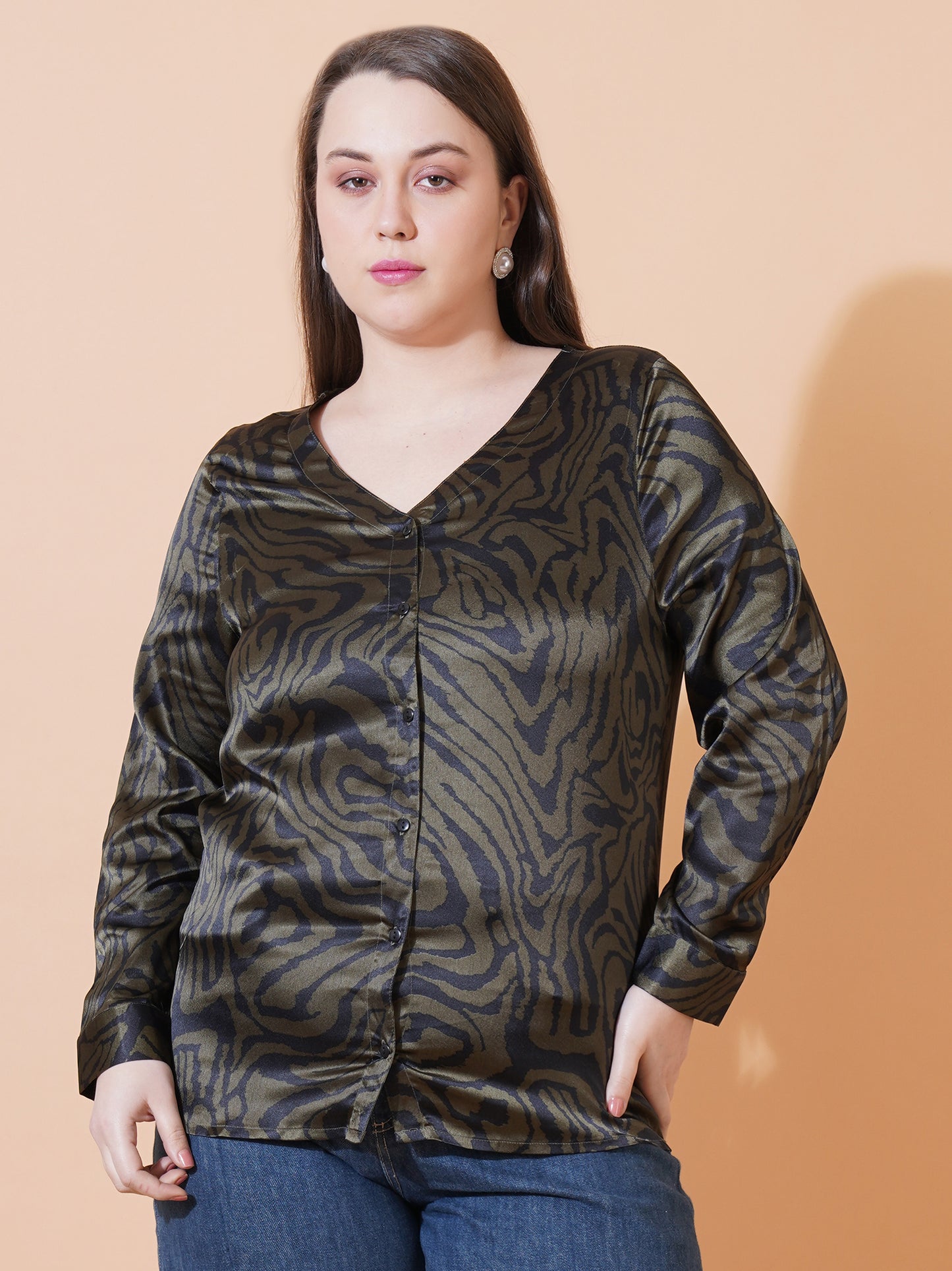 Women Green Animal Print Full Sleeves Regular Top