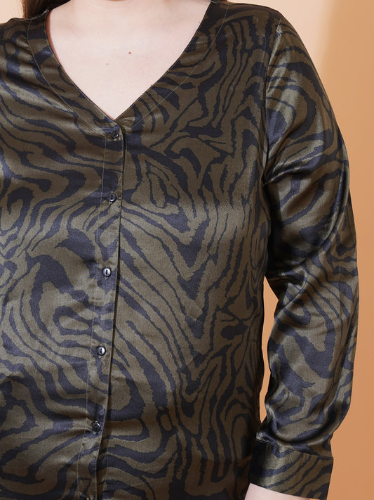 Women Green Animal Print Full Sleeves Regular Top