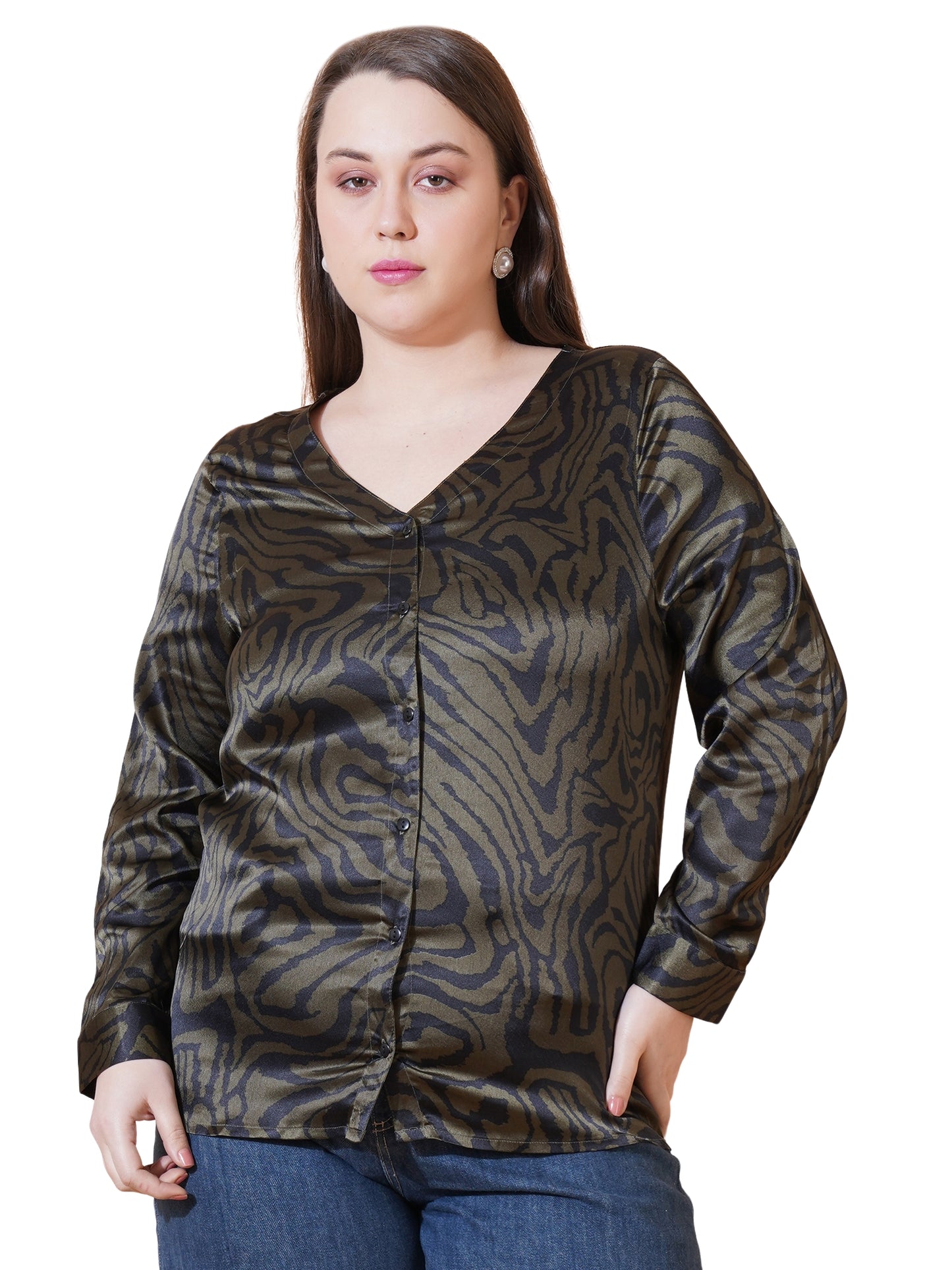 Women Green Animal Print Full Sleeves Regular Top