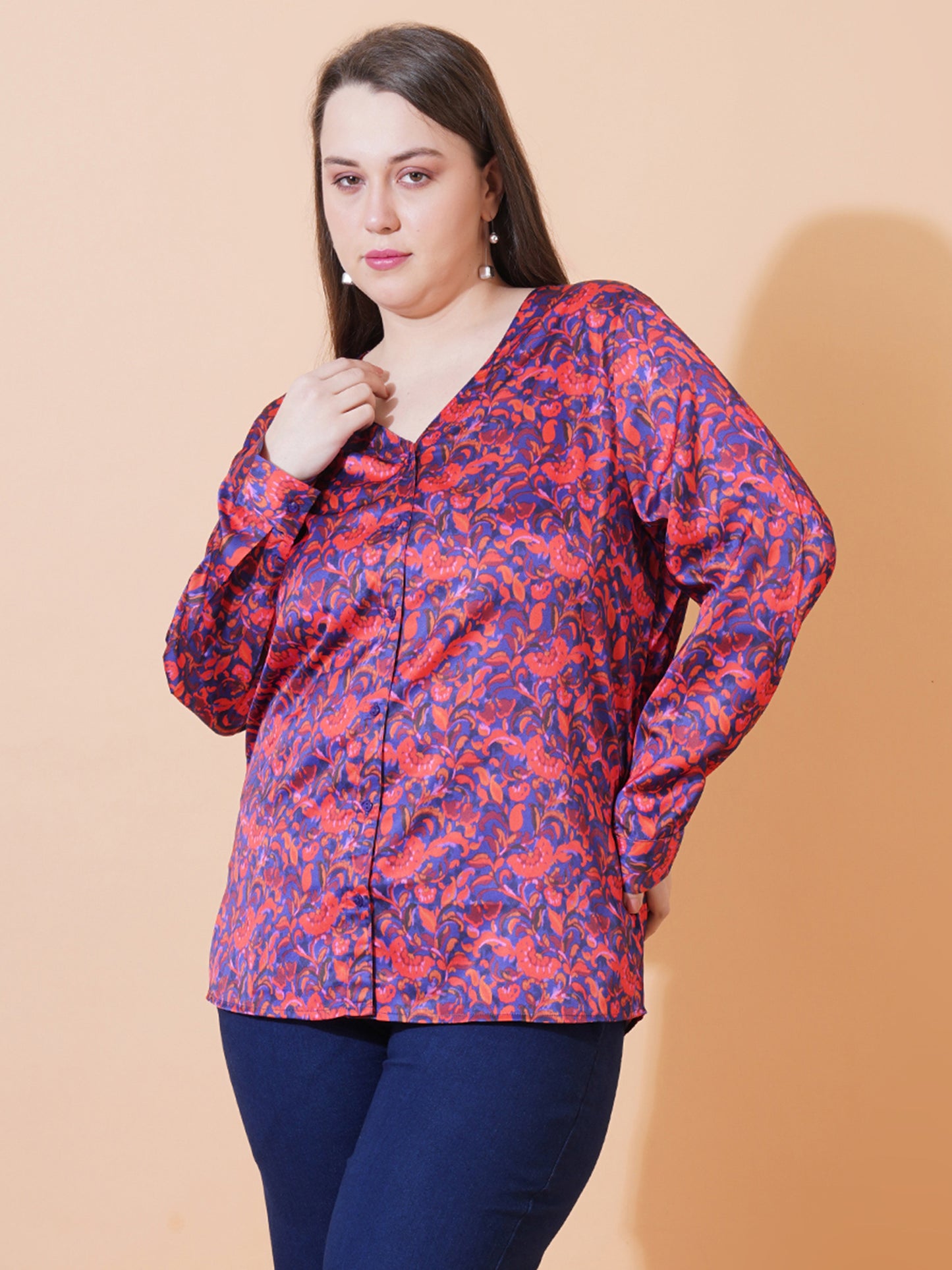 Women Blue & Red Floral Print Full Sleeves Regular Top - Front View