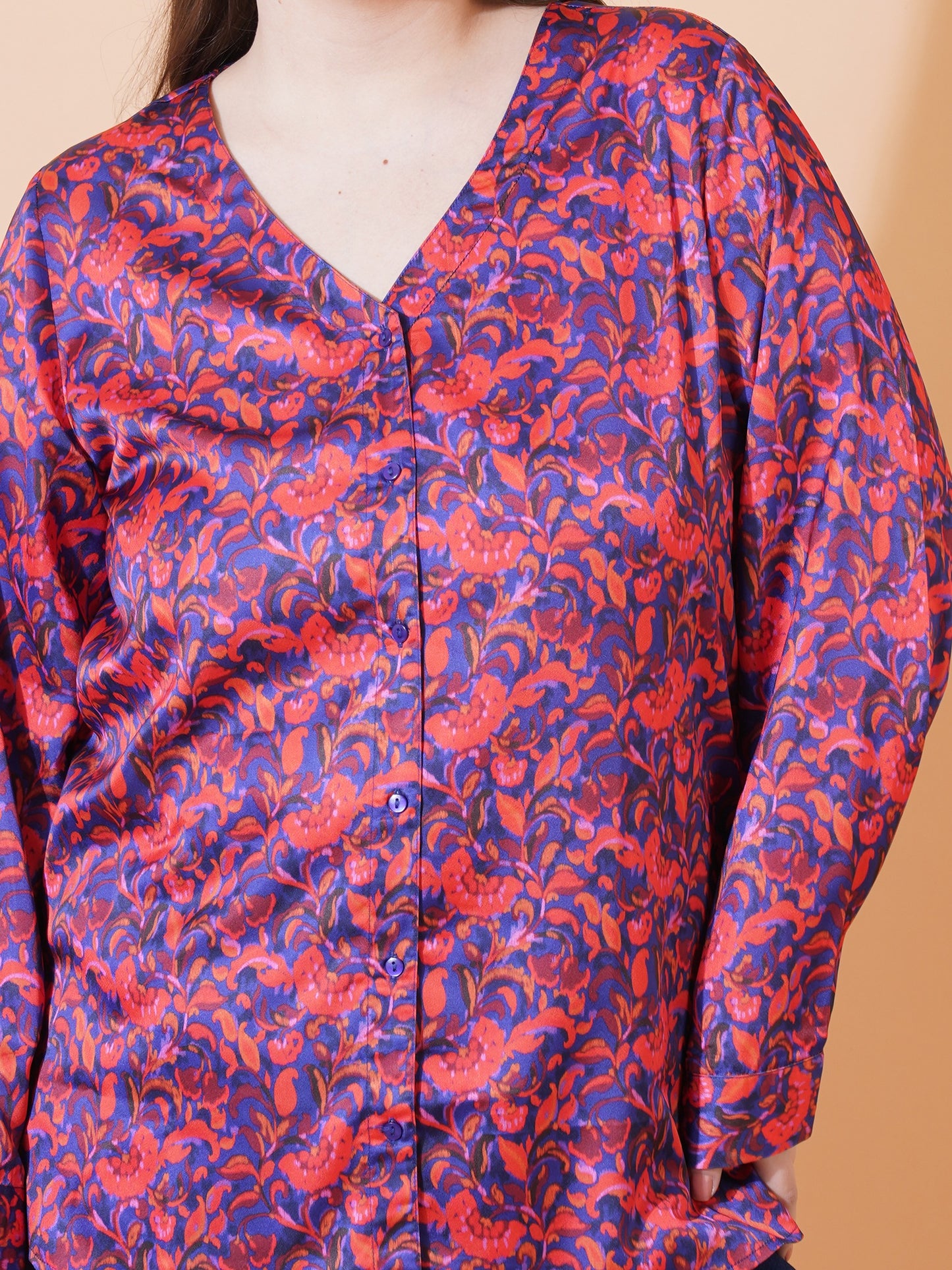 Women Blue & Red Floral Print Full Sleeves Regular Top - Close View