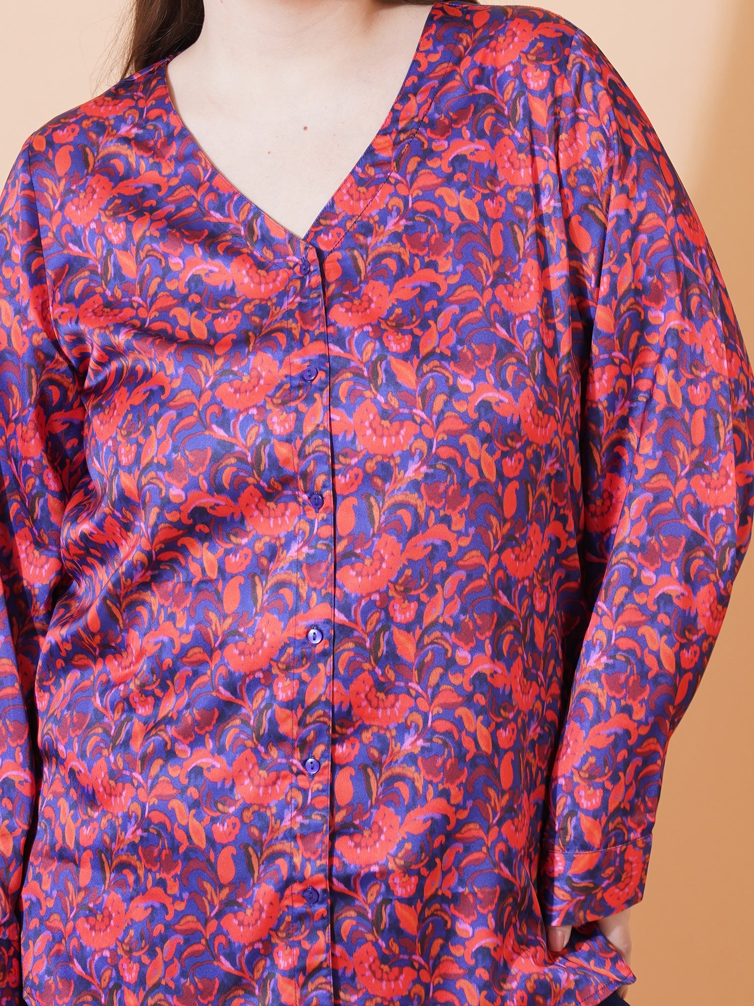 Women Blue & Red Floral Print Full Sleeves Regular Top - Close View