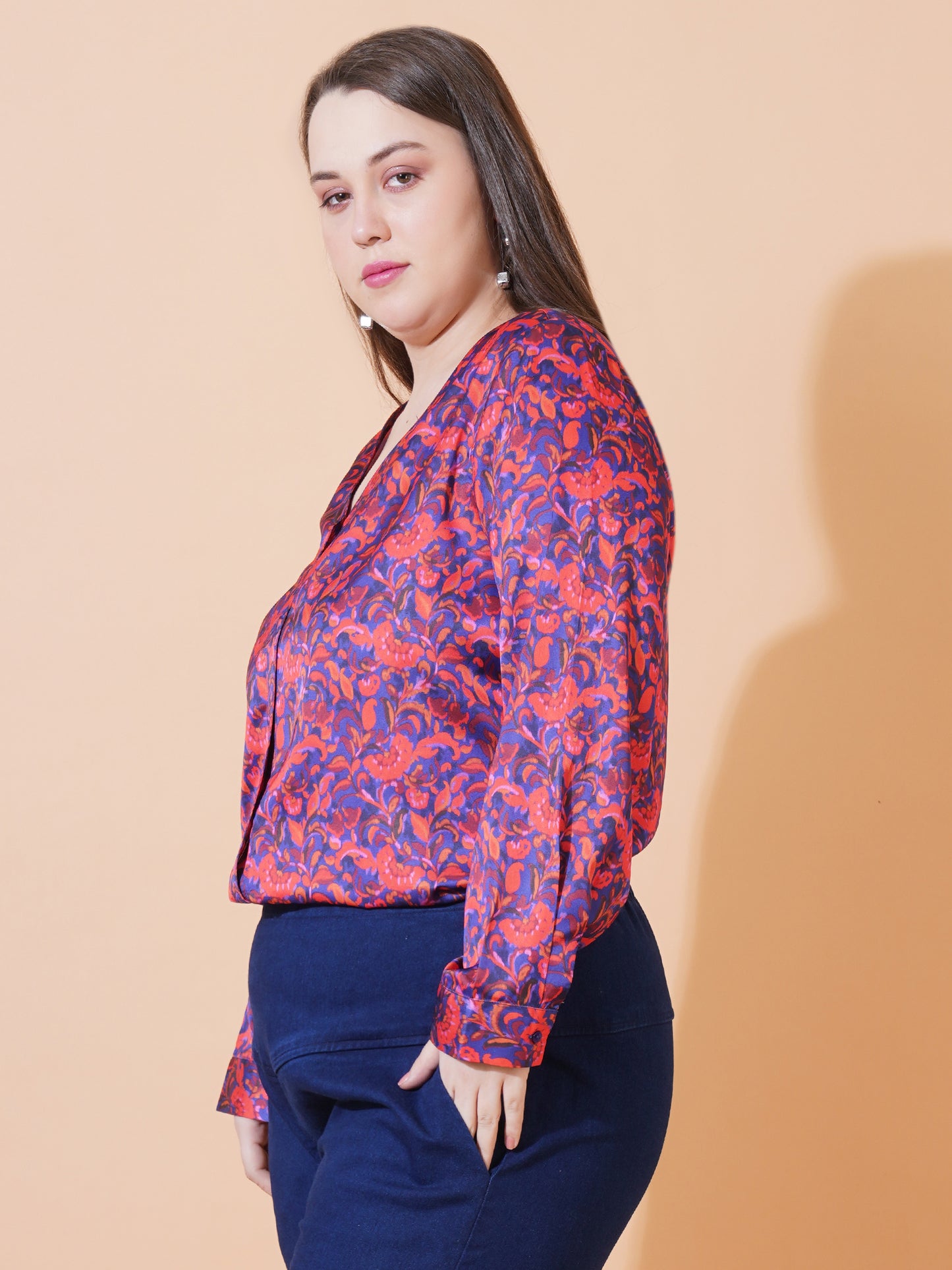 Women Blue & Red Floral Print Full Sleeves Regular Top - Side View