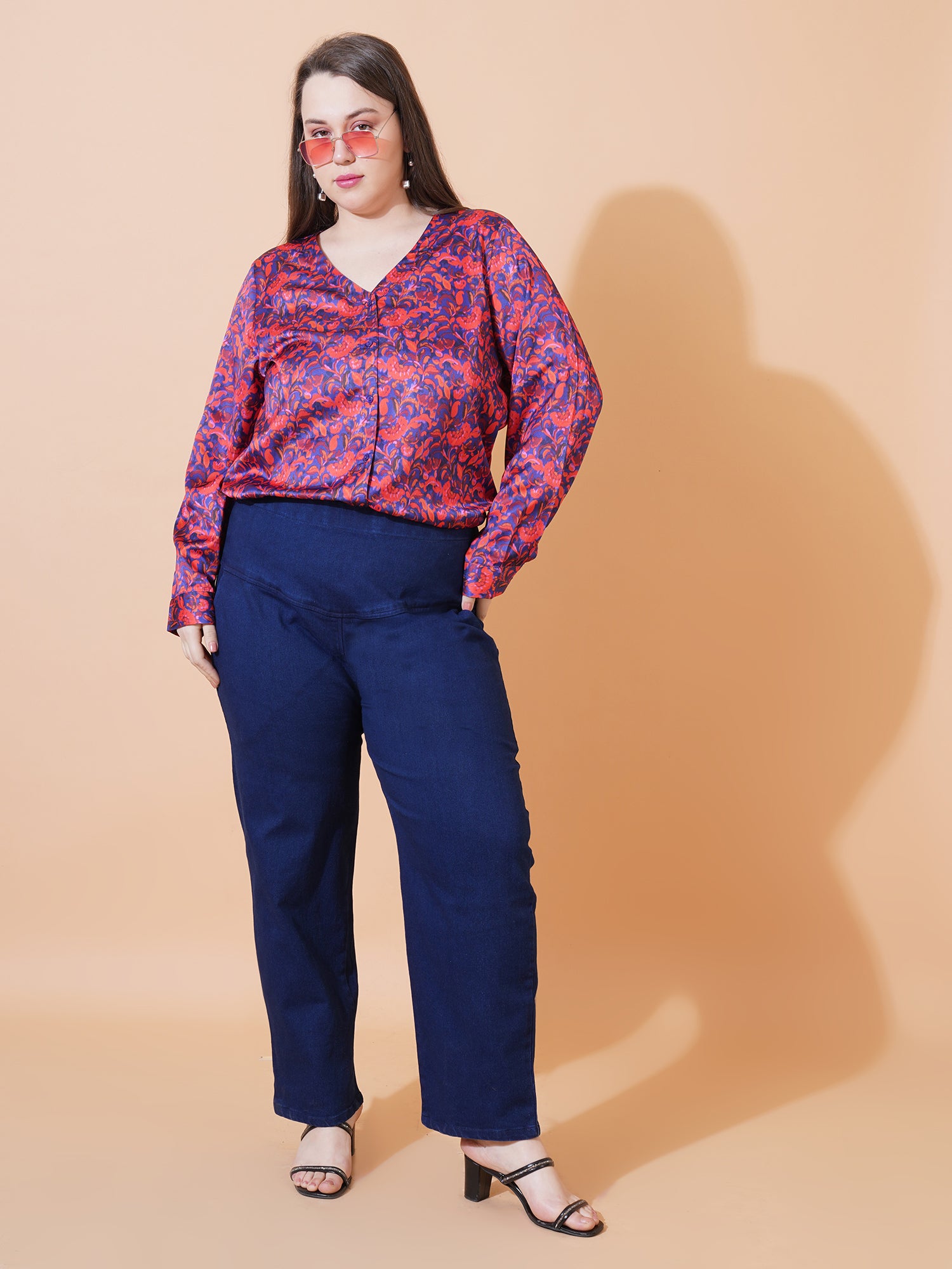 Women Blue & Red Floral Print Full Sleeves Regular Top - Detail View