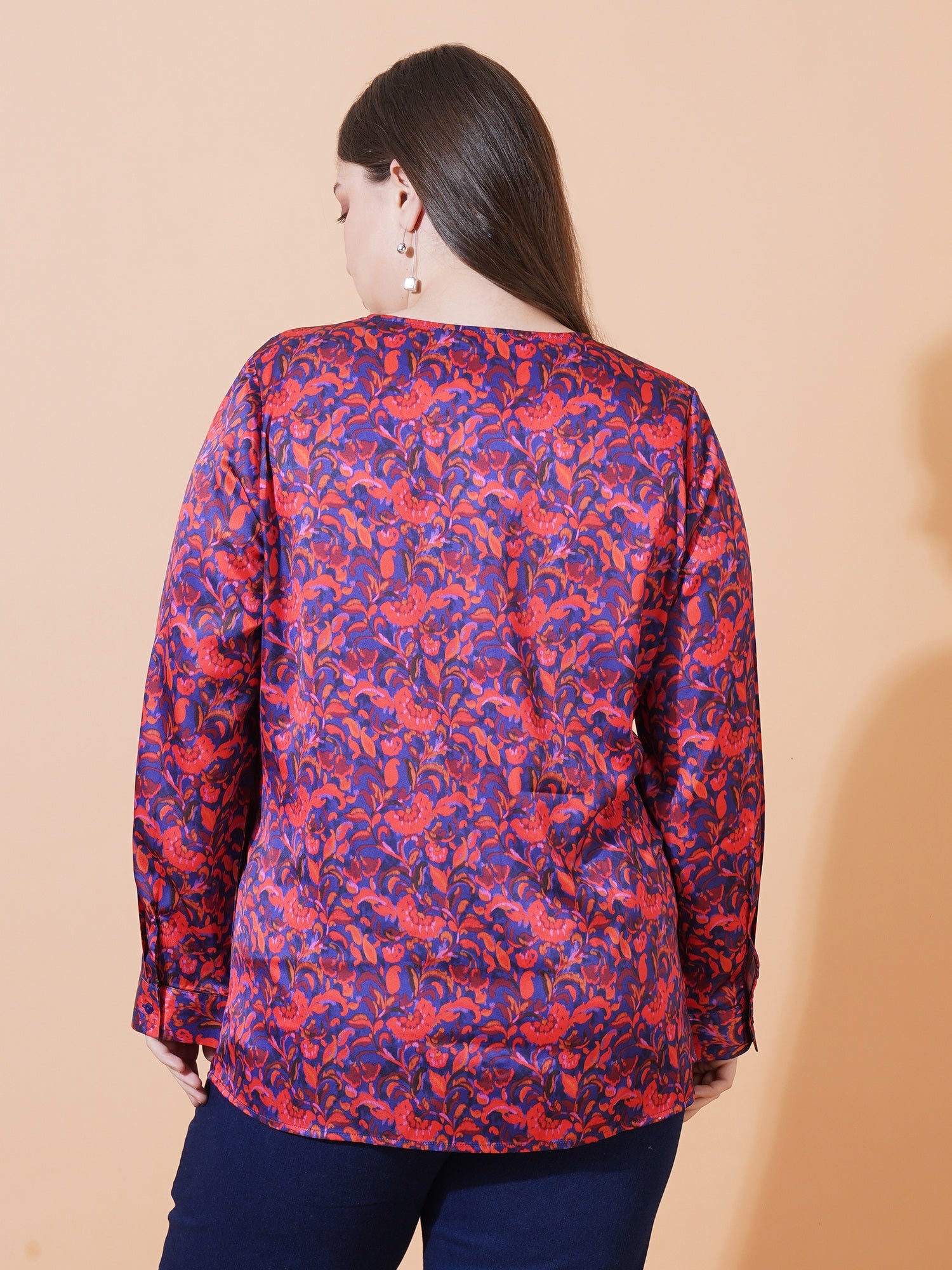 Women Blue & Red Floral Print Full Sleeves Regular Top - Back View