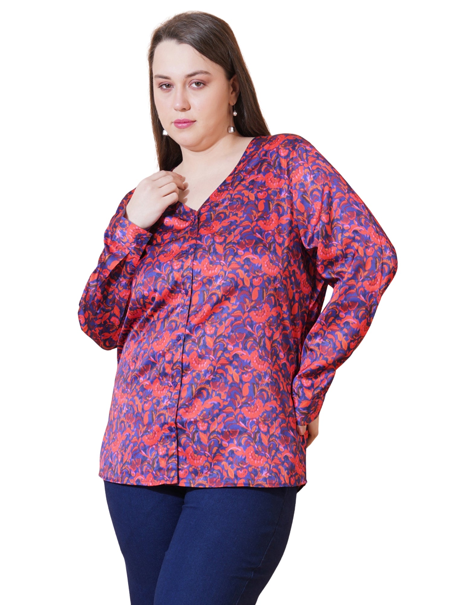 Women Blue & Red Floral Print Full Sleeves Regular Top - Back View