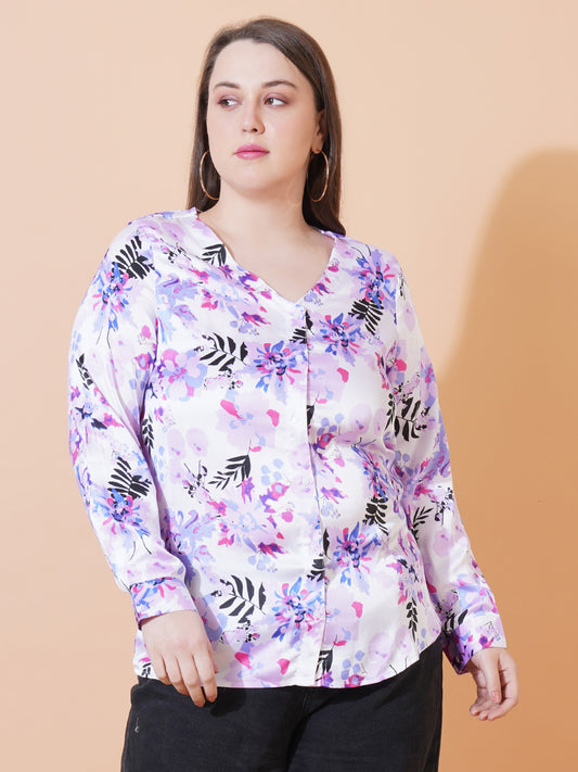 Women Purple Leaf Print Full Sleeves Satin Shirt Style Plus Size Top - Front View