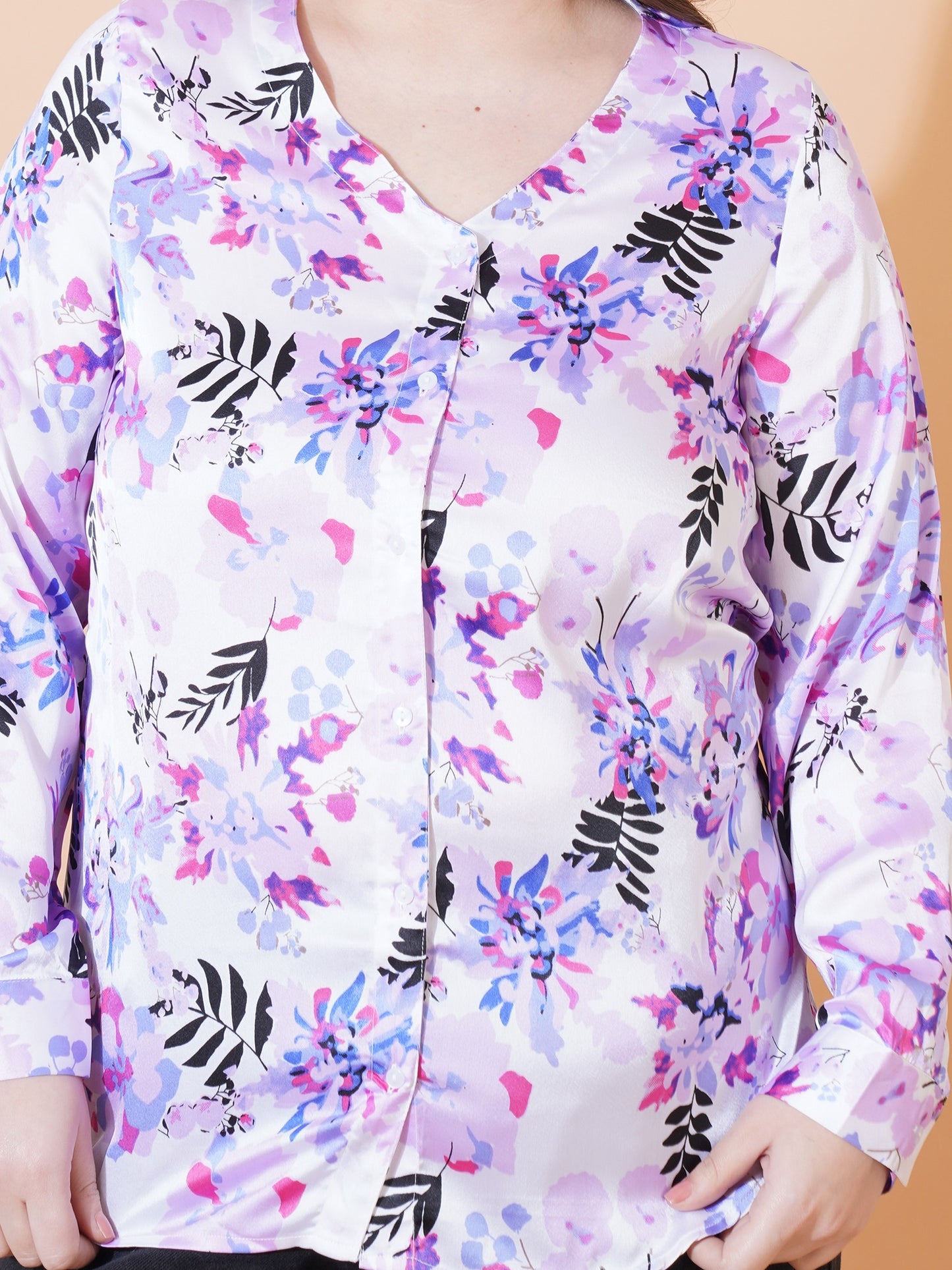 Women Purple Leaf Print Full Sleeves Satin Shirt Style Plus Size Top - Close View