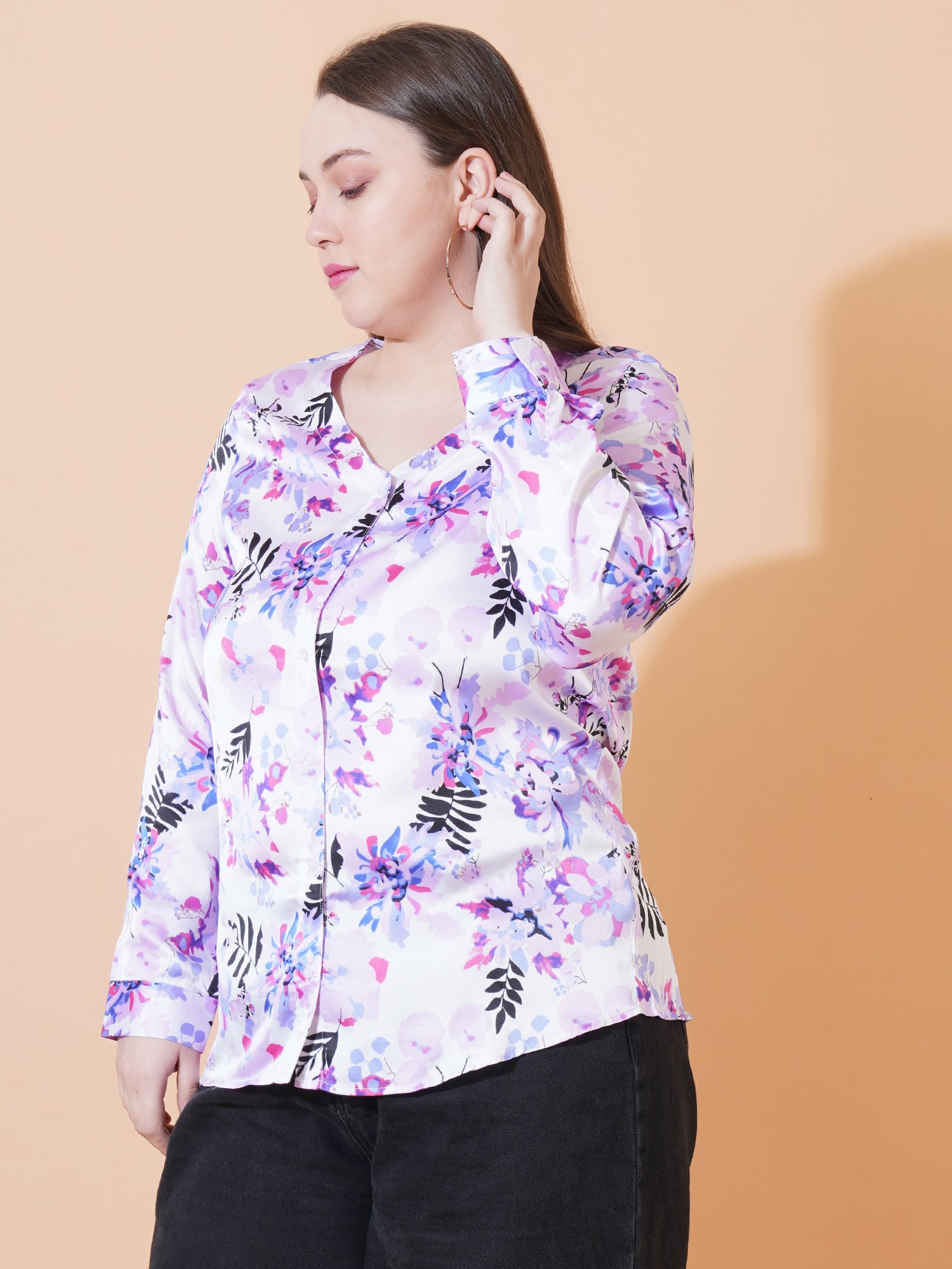 Women Purple Leaf Print Full Sleeves Satin Shirt Style Plus Size Top - Side View